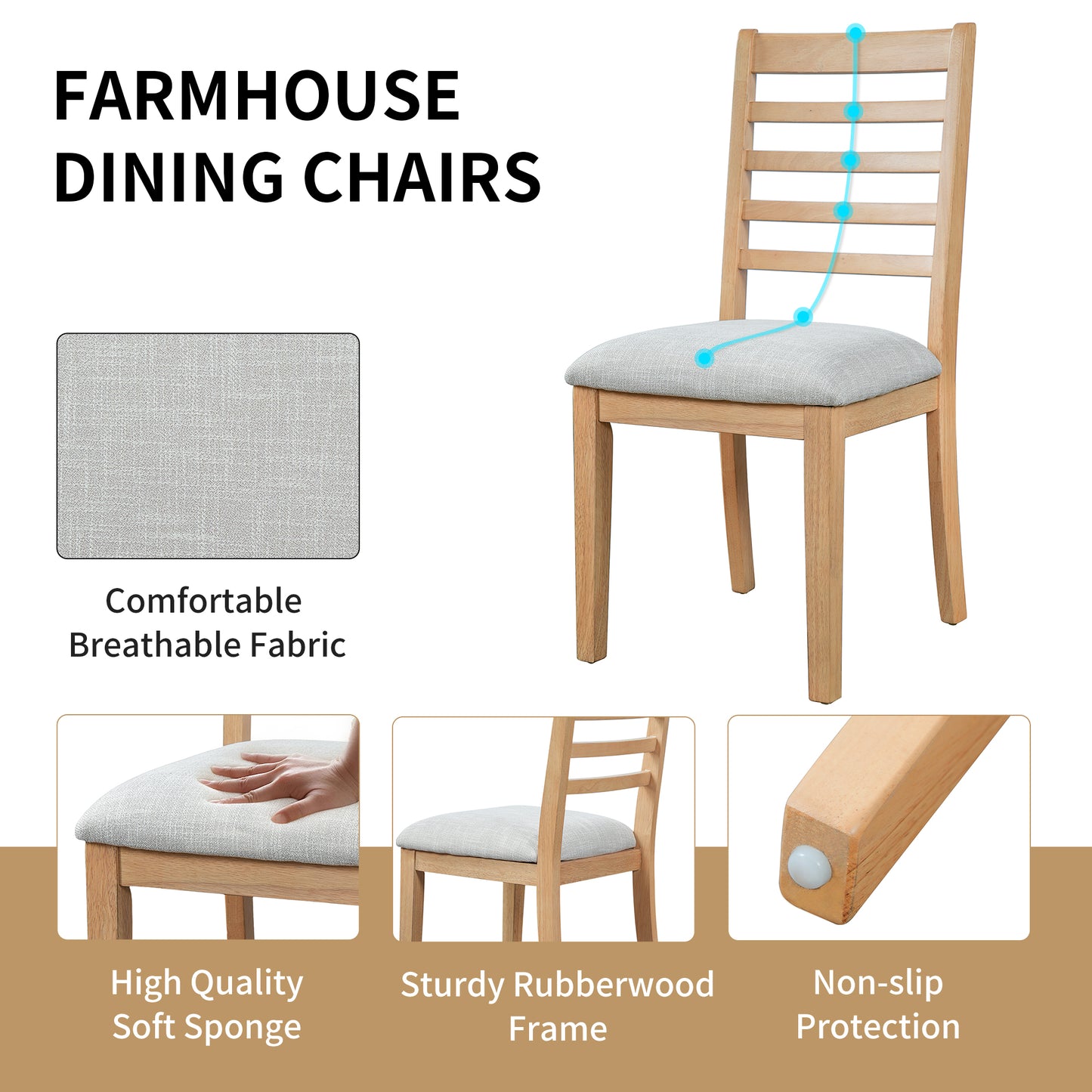 2-Piece Farmhouse Dining Chairs Set, Upholstered With High Ladder
