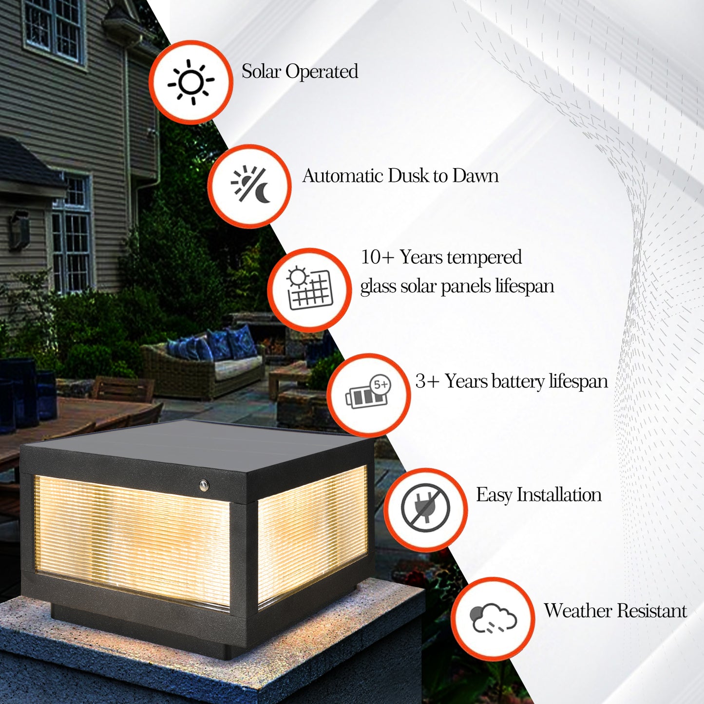 12-Inch Black Solar-Powered LED Post Cap Light for Outdoor Fence, Pathway, Deck, Patio