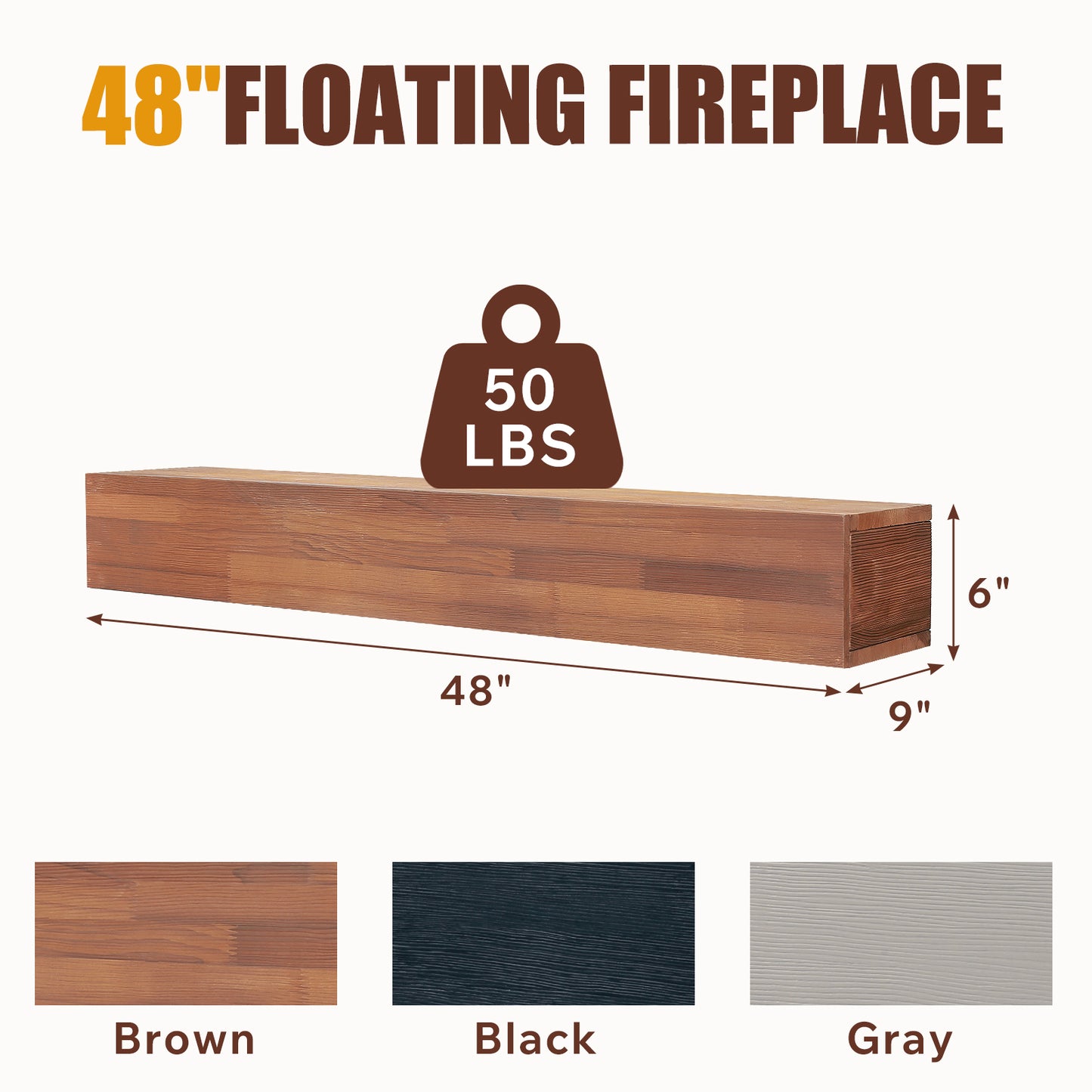 48 Rustic Wood Fireplace Mantel , Wall-Mounted & Floating Shelf For