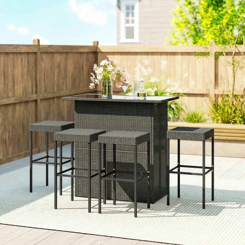 Outsunny 5 Piece Rattan Wicker Bar Set, High Top Outdoor Table And
