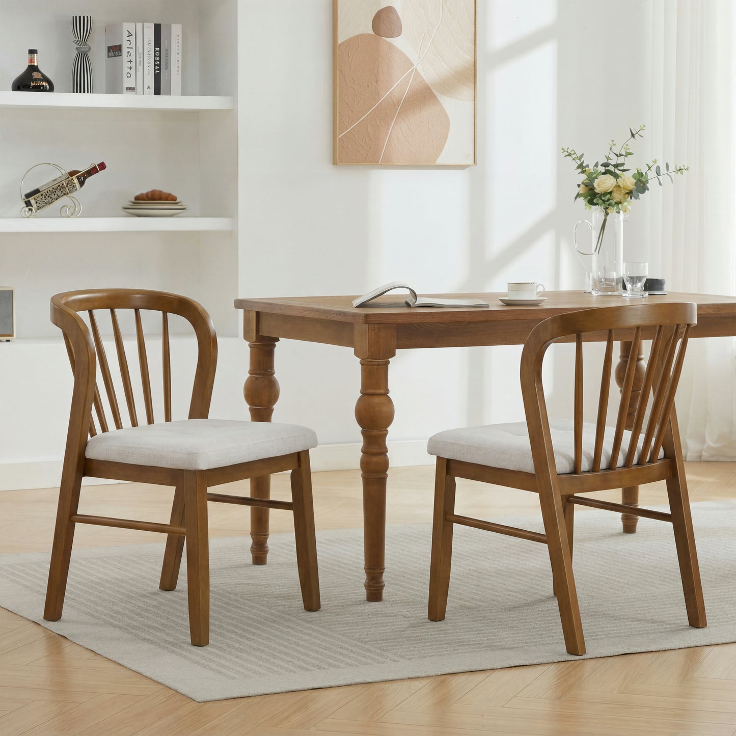 Mid-Century Modern Rubber Wood Dining Chairs - Set of 2, Walnut & Beige
