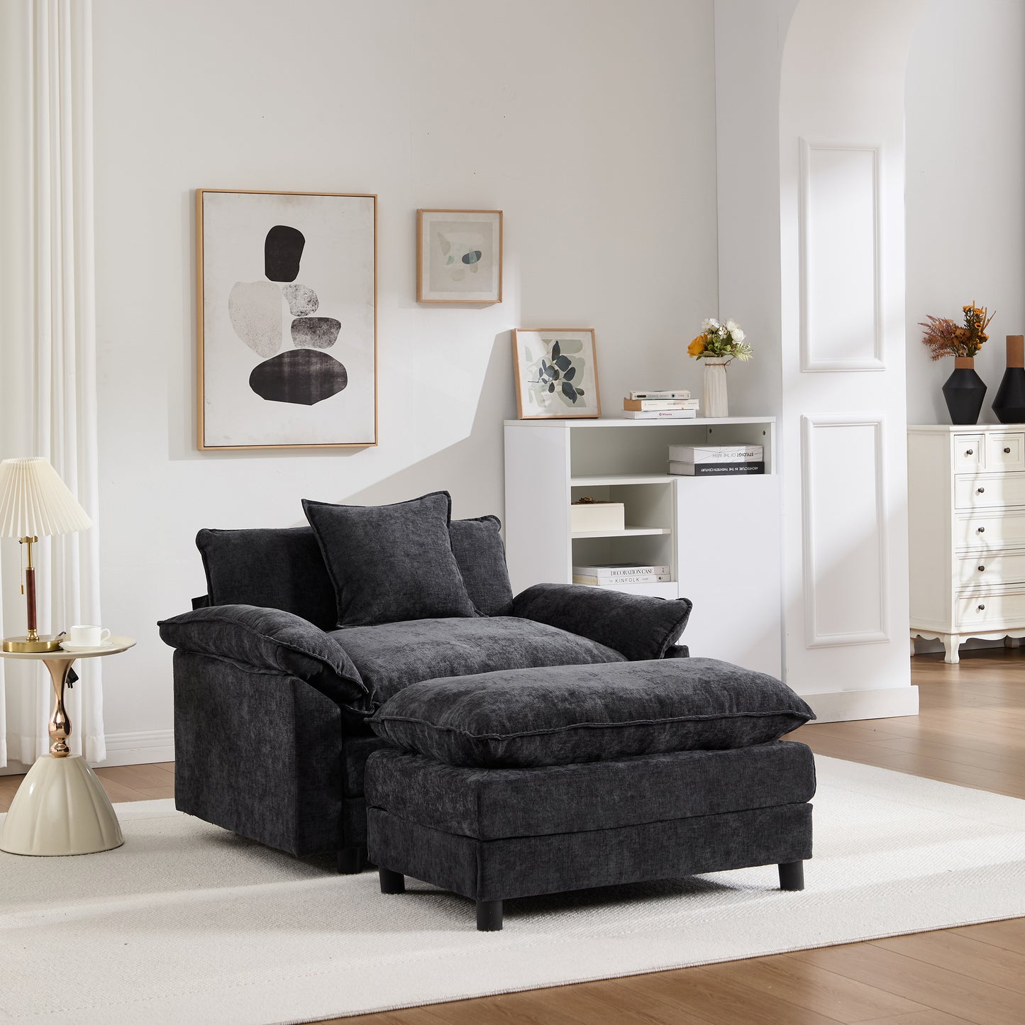 Modern Chenille Accent Chair with Ottoman - Black