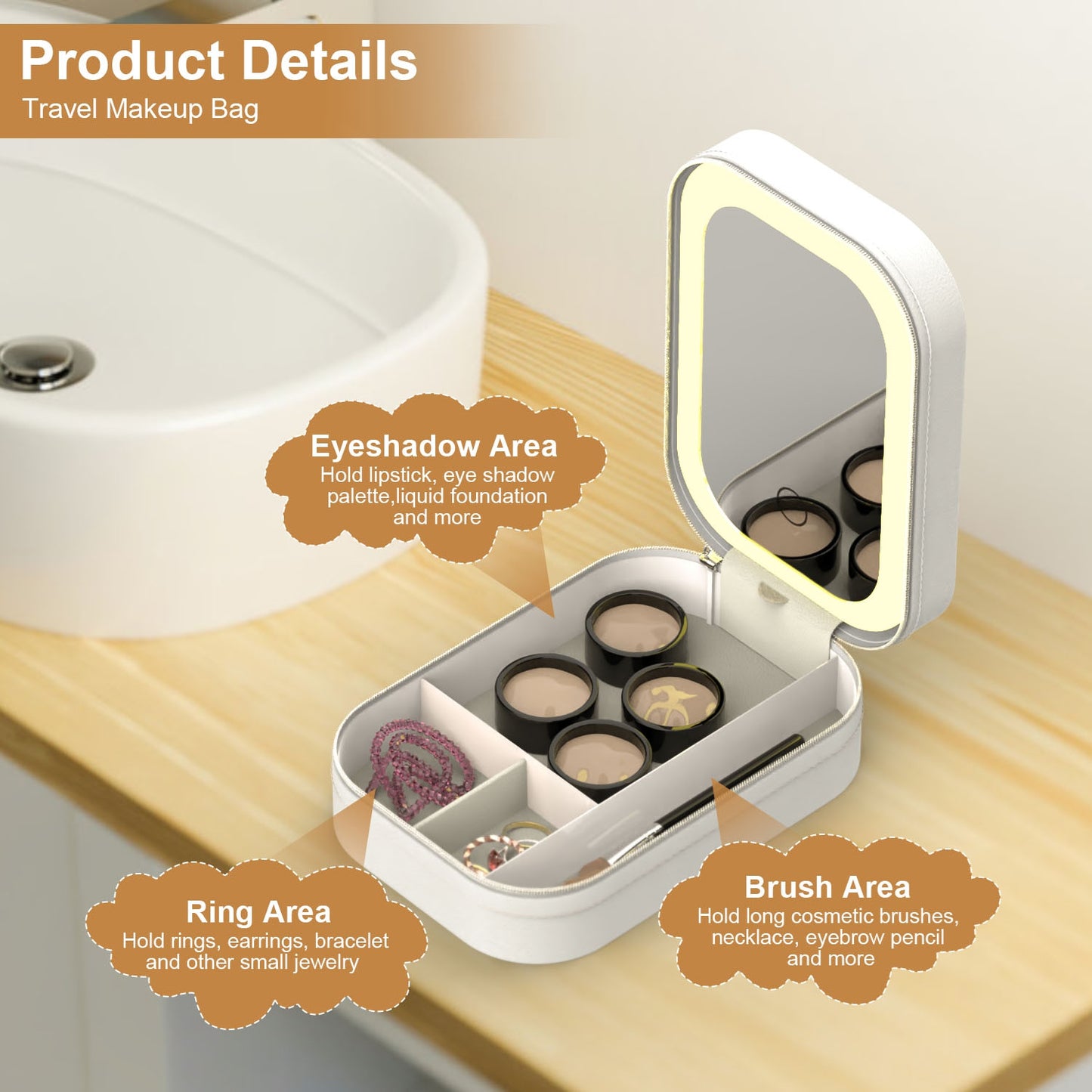 Portable Travel Makeup Bag with Rechargeable LED Mirror and 4 Compartments