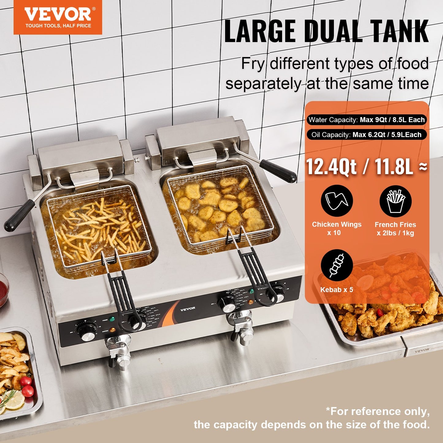Commercial Electric Double Deep Fryer 3500W Countertop 2x9Qt/8.5L - Silver