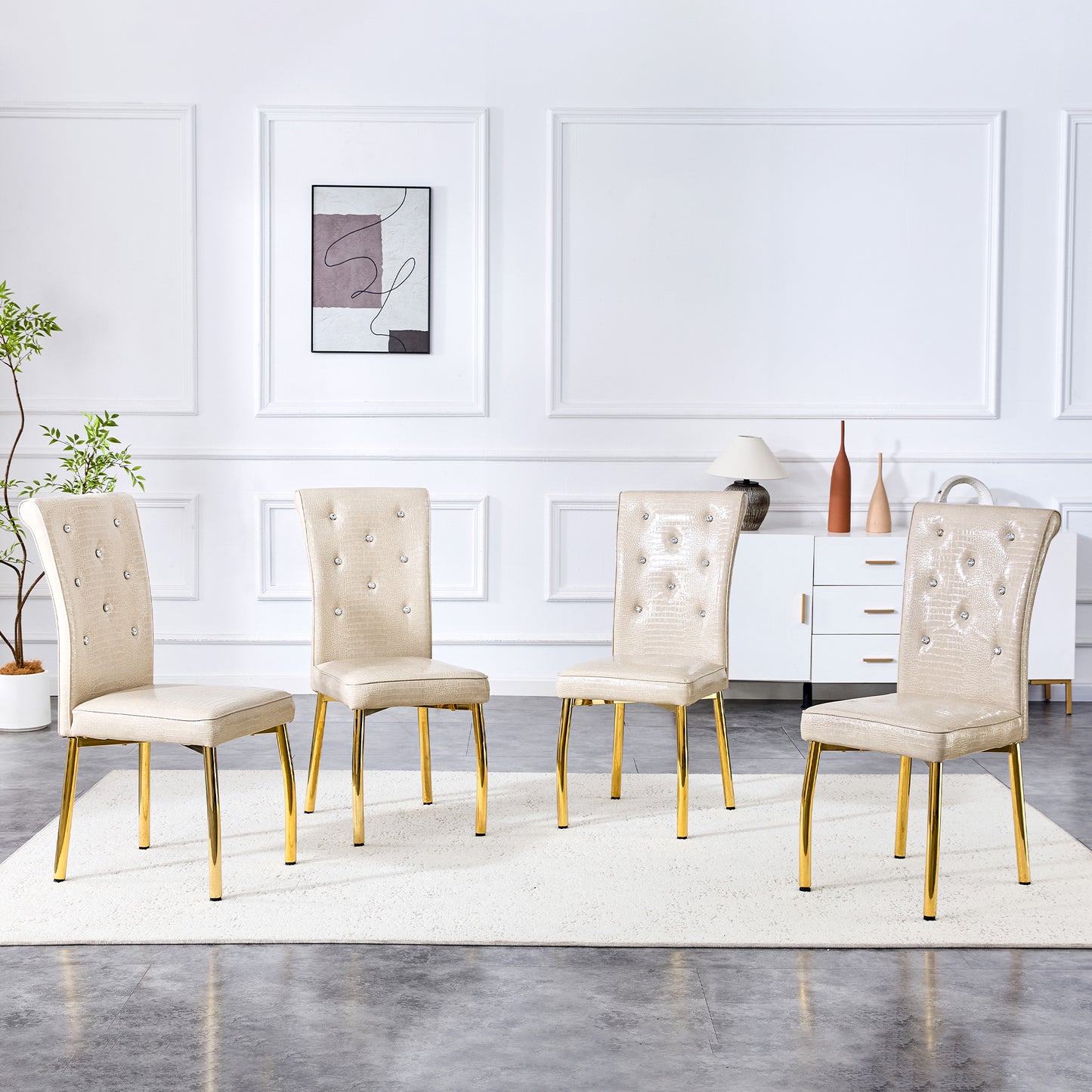 Set of 4 Beige and Gold Vintage Crocodile Leather Dining Chairs