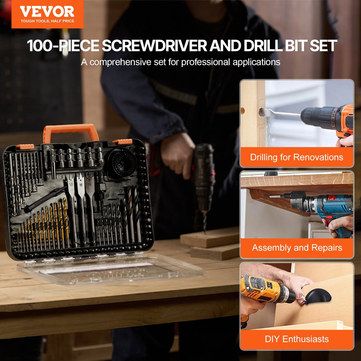 100PCS Drill and Screwdriver Bit Set with Carrying Case - Multi-Purpose Power Tools