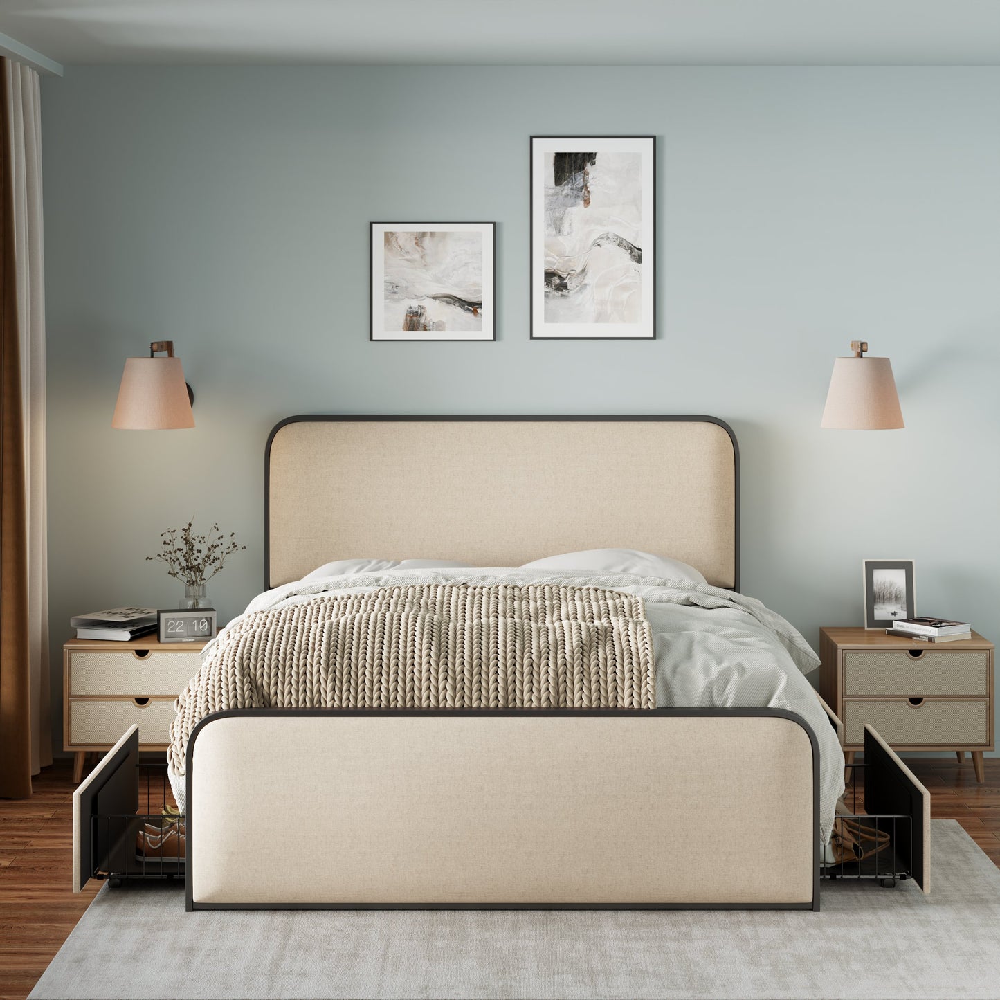 Queen Size Modern Metal Bed Frame with Upholstered Headboard & 4 Drawers - Beige