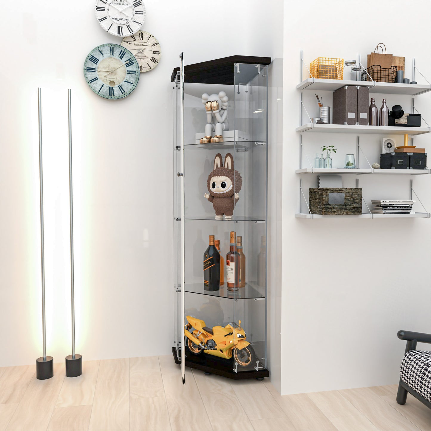 Glass Display Cabinet With 4 Shelves,Pentagon,Curio Cabinets For