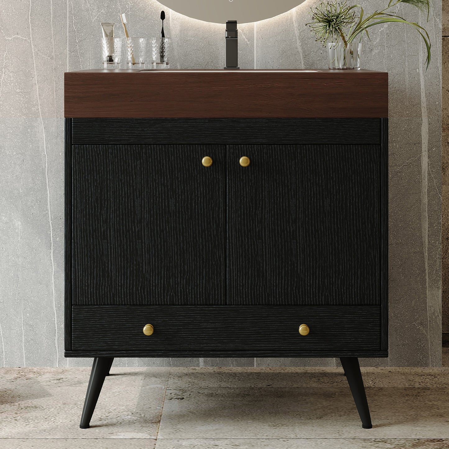Free-Standing Bathroom Vanity with Faux Marble Top & Sink - 30"