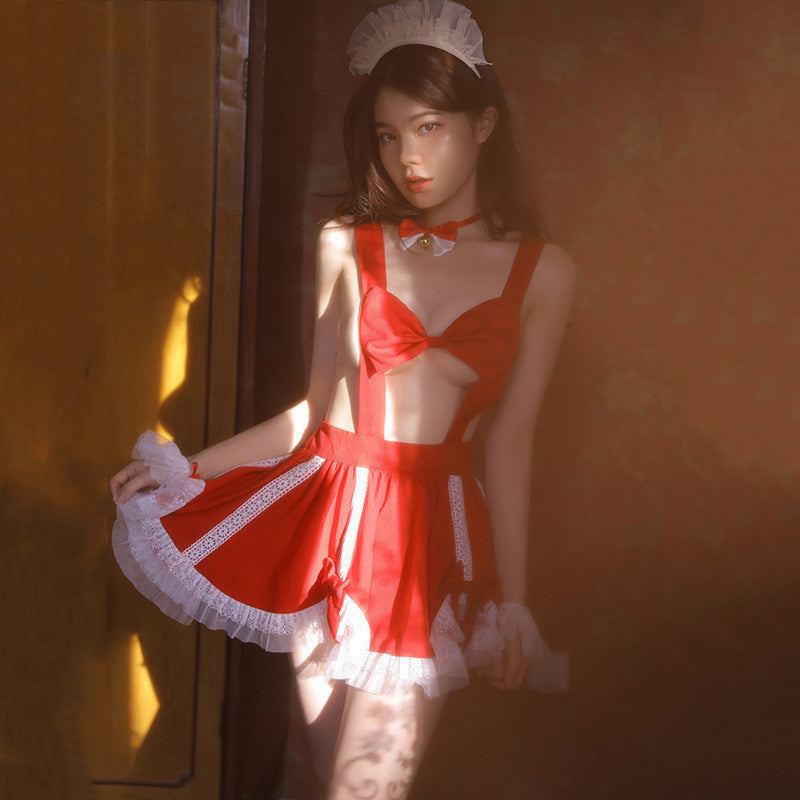Lolita Maid Costume Set with Lace Up Apron and Accessories – One Size, Black or Red