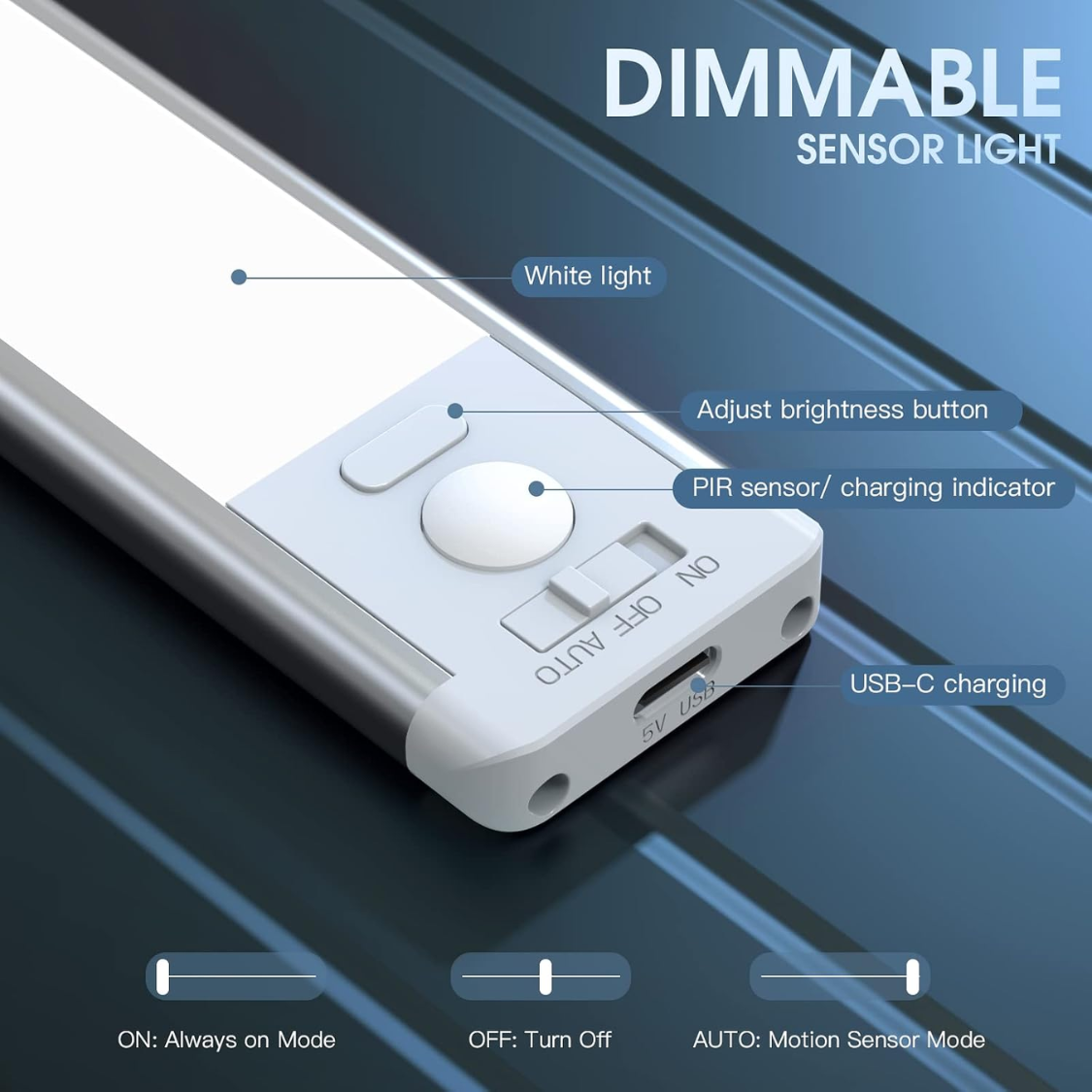 Rechargeable Motion Sensor Under Cabinet Lights 10 Inch, Dimmable & Wireless