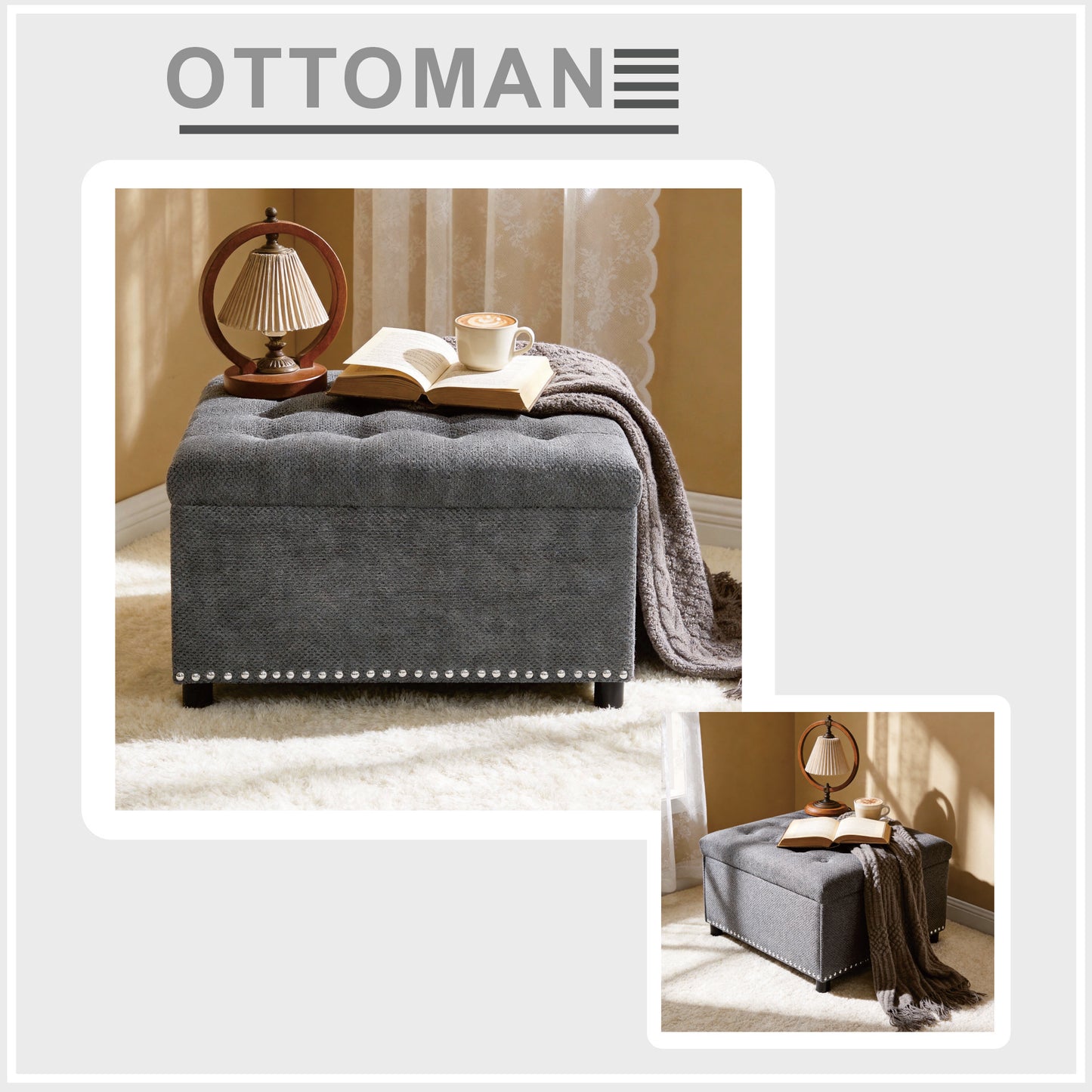Light Gray Tufted Storage Ottoman with Nailhead Trim - Square