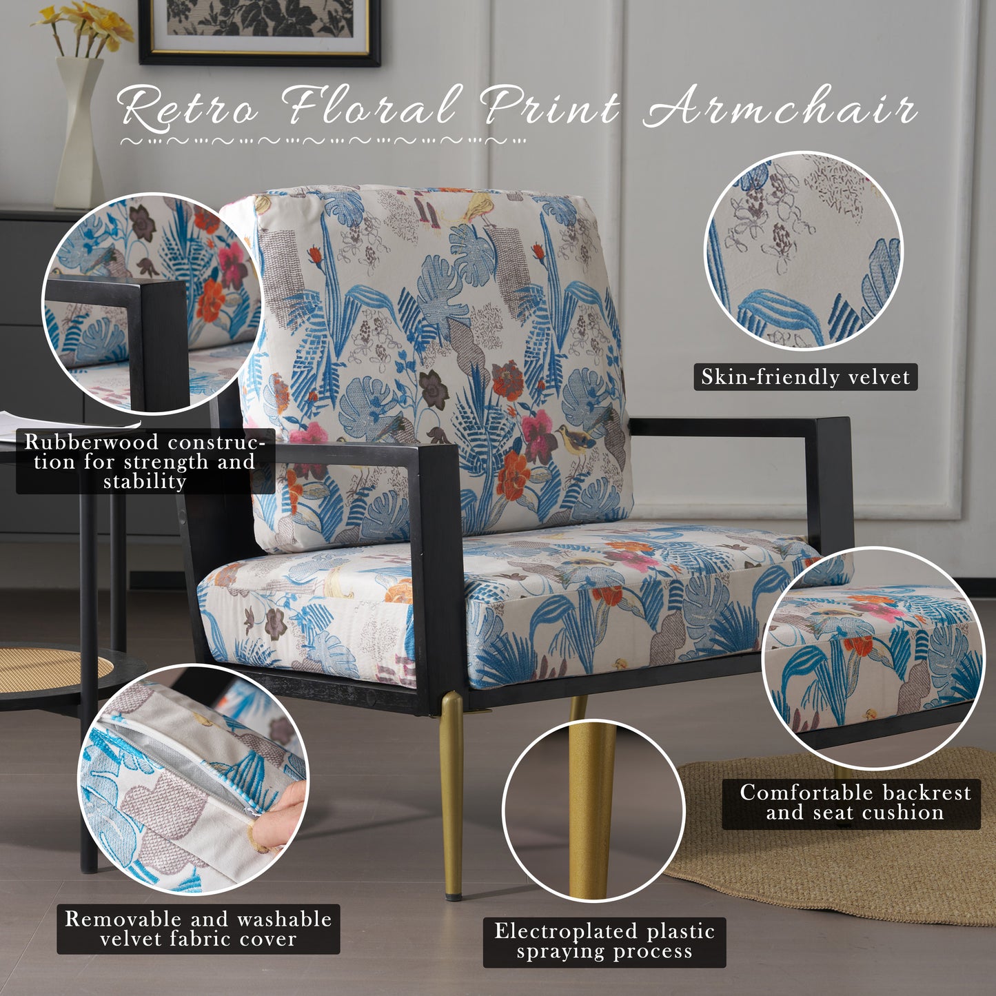 Floral Velvet Accent Chair with Solid Wood Frame - Blue