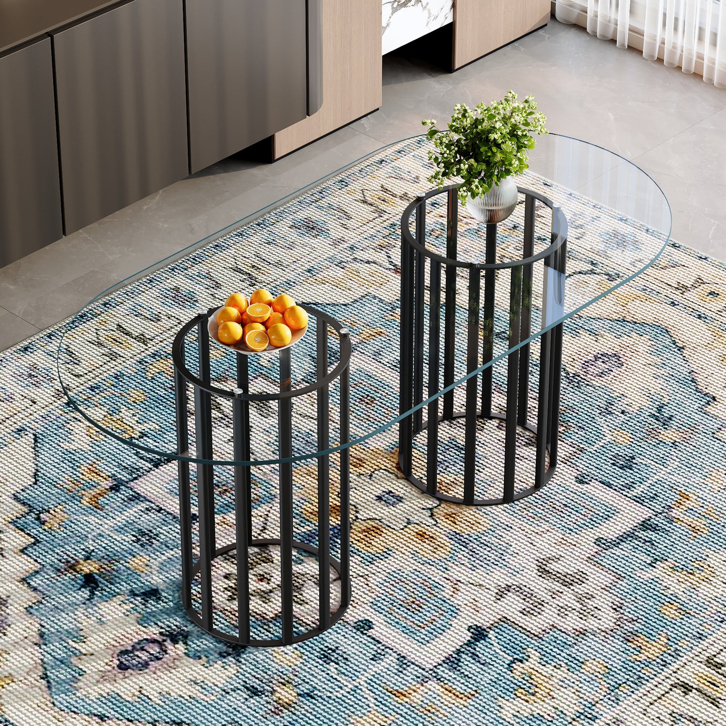 71 Inch Oval Tempered Glass Dining Table,black Double Column Light