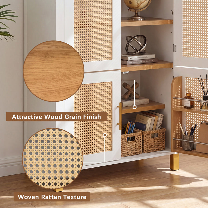 White Arched Rattan Cabinet with Adjustable Shelves - 4 Doors