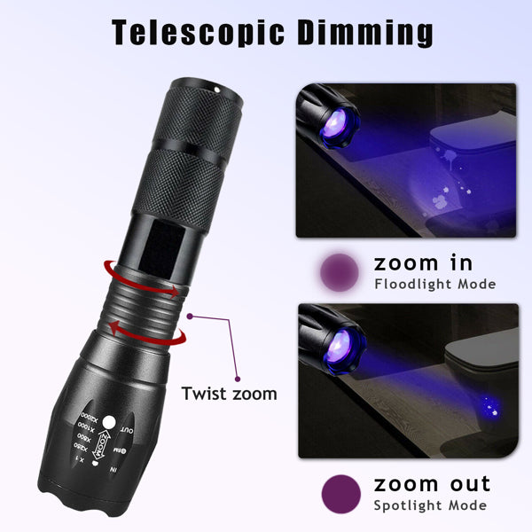 2-in-1 UV LED Flashlight with White Light Zoomable Detection Lamp