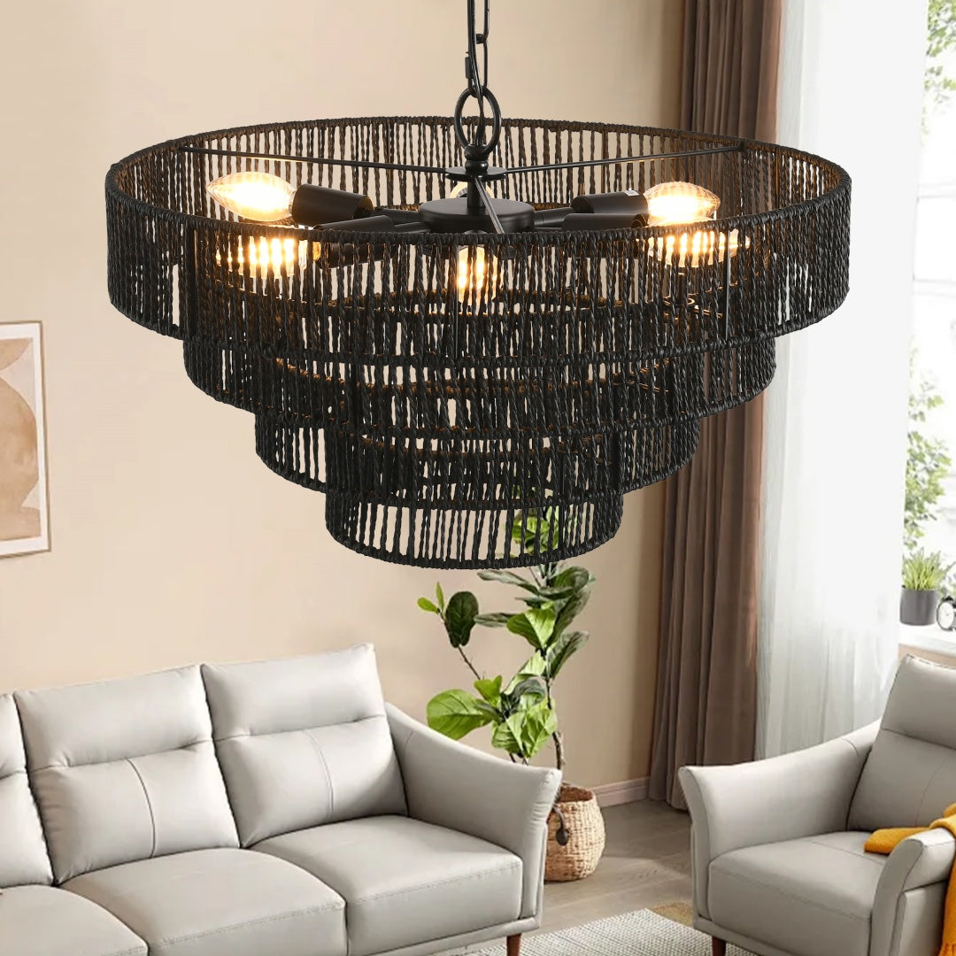 Rustic 4-Tier Hemp Rope Pendant Light Fixture with 6 E12 Sockets