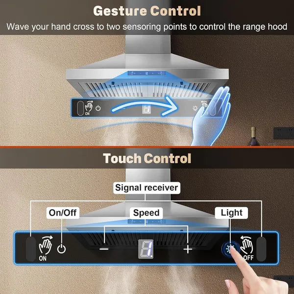 24-Inch Ducted Ductless Wall Mount Range Hood 450CFM Stainless Steel with Touch & Gesture Control