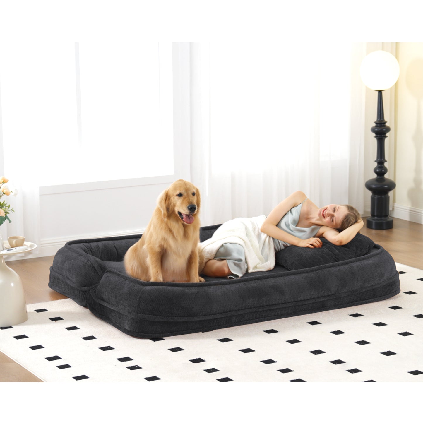 Extra Large Chenille Lazy Sofa Loveseat - Black Dog Bed