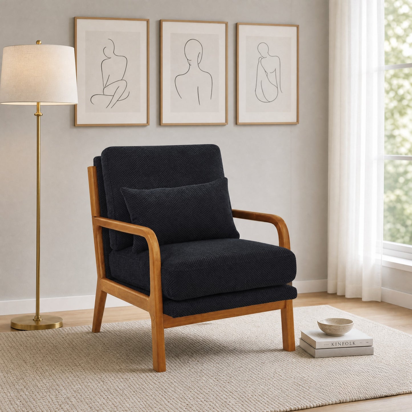Mid-Century Modern Wooden Lounge Chair - Black Fabric
