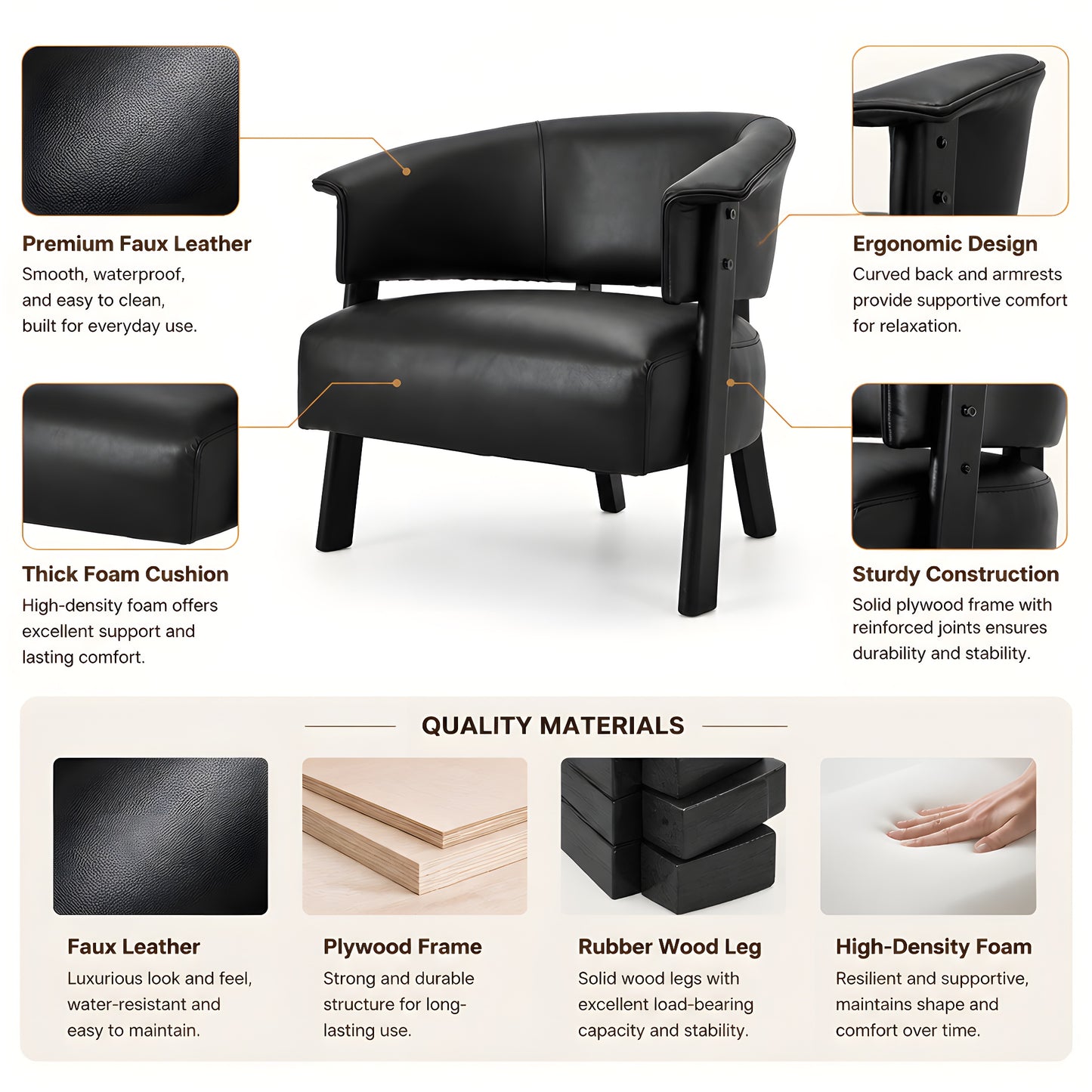 Faux Leather Wingback Accent Chair - Comfy Upholstered Armchair, Black