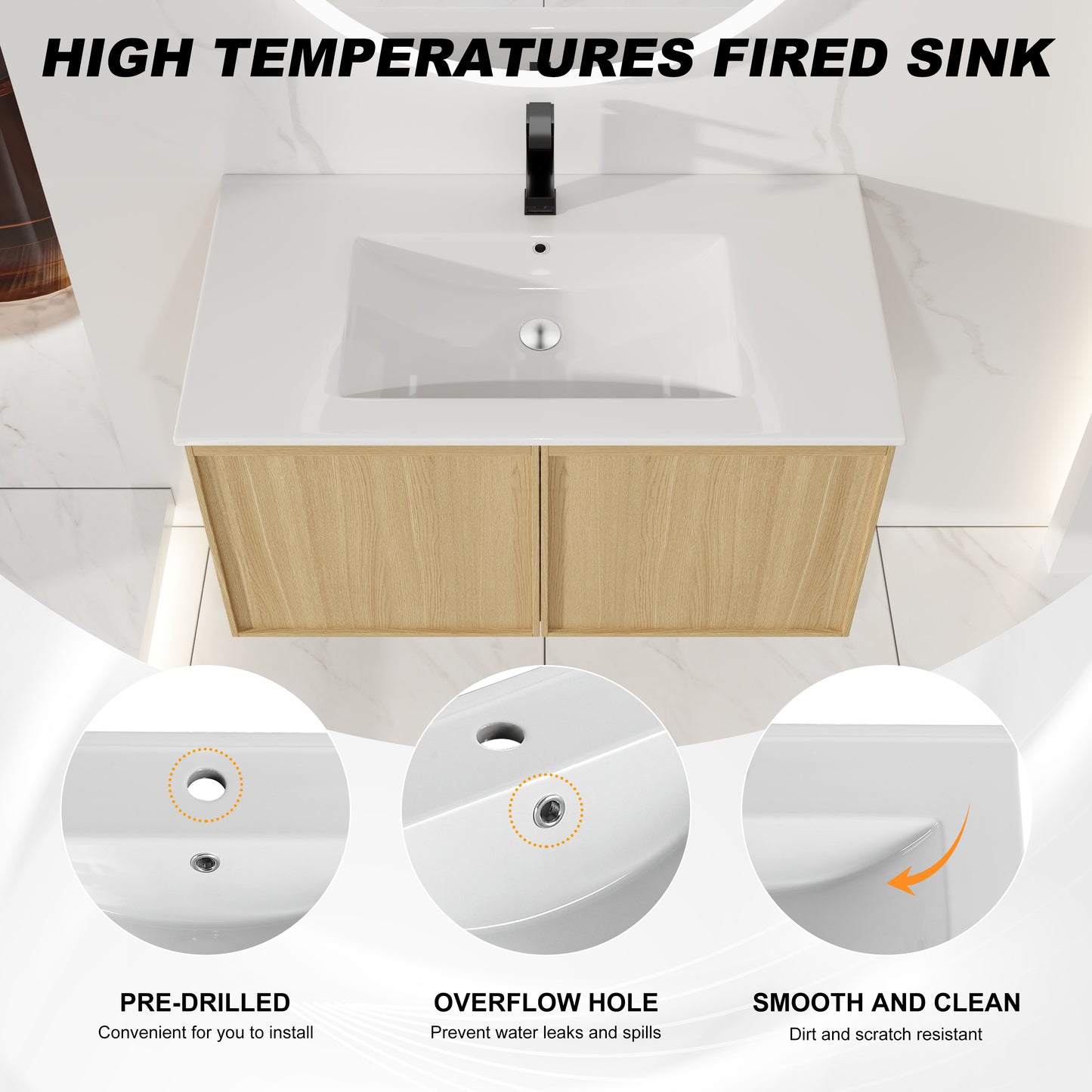 36" Wall-Mounted Bathroom Vanity with Sink - Light Oak