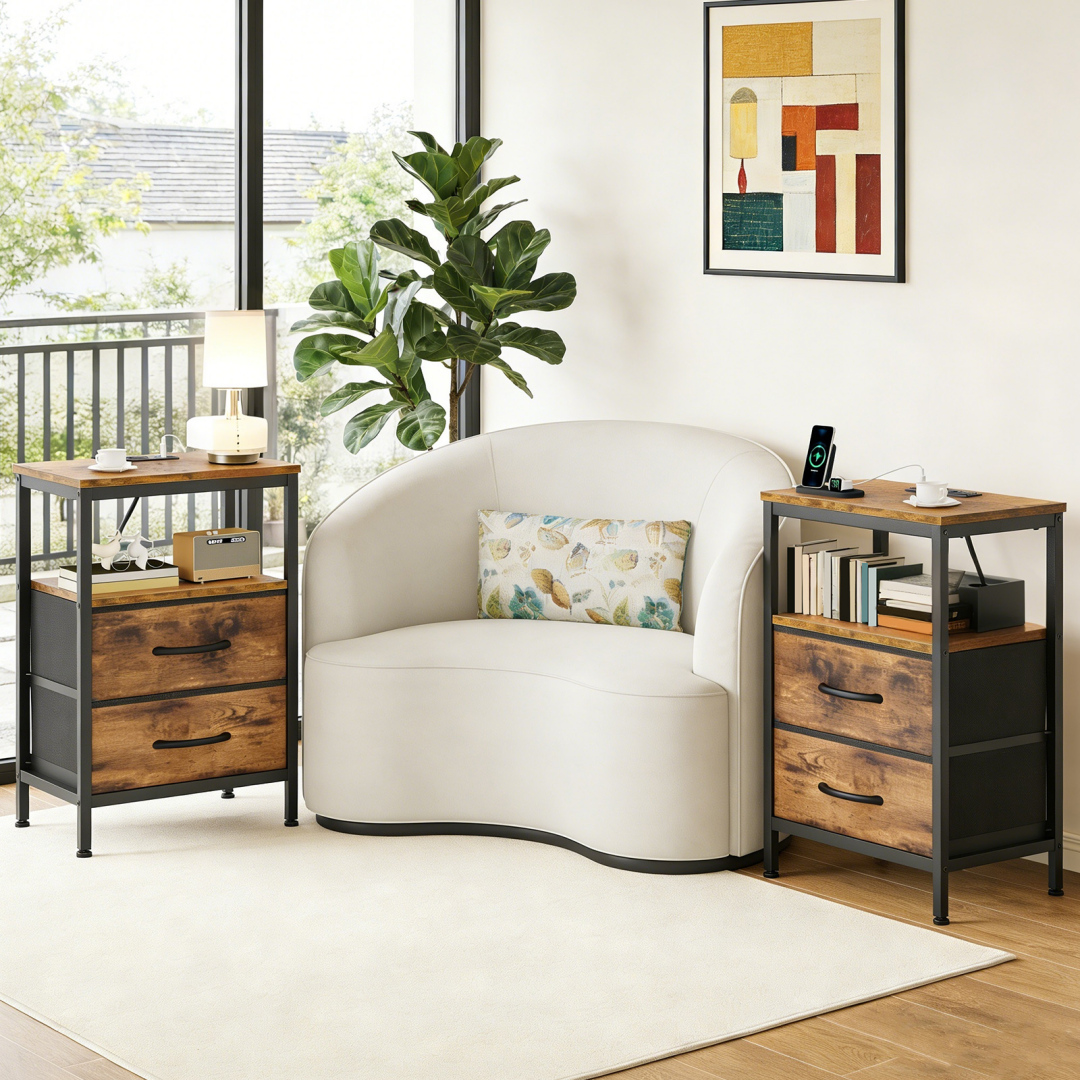 Compact Bedside Table with Charging Station and 2 Drawers - Brown
