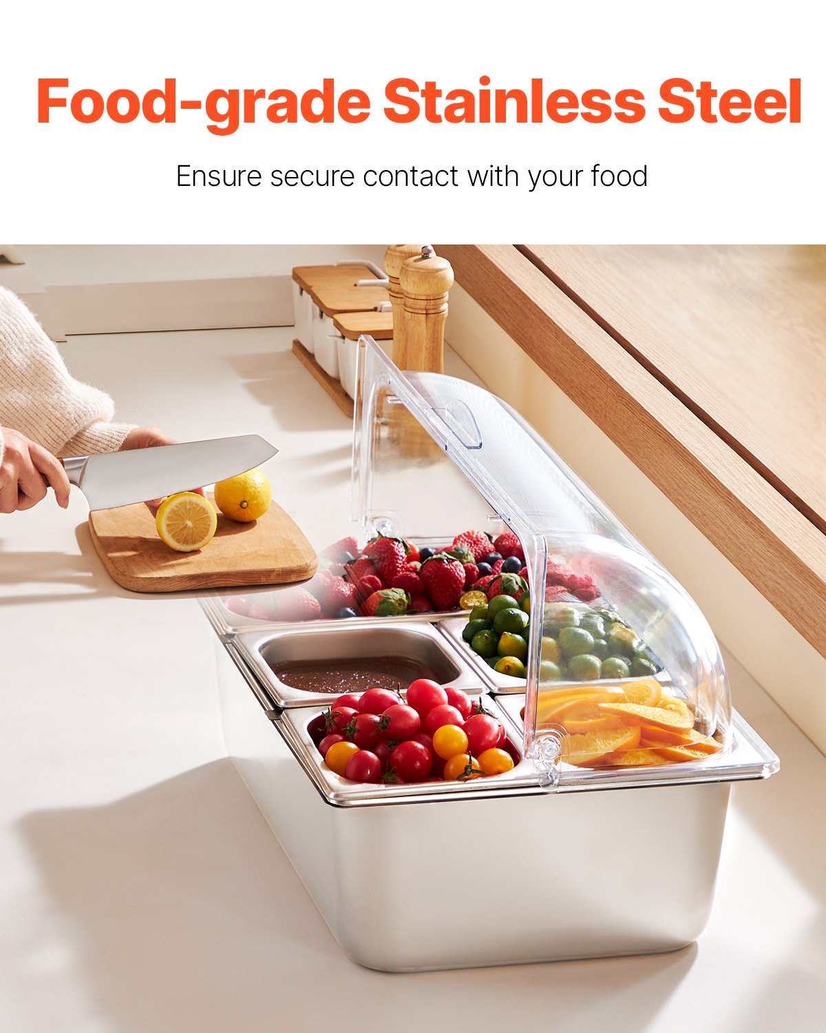 5-Pan Condiment Dispenser with Lid - Stainless Steel Display Container