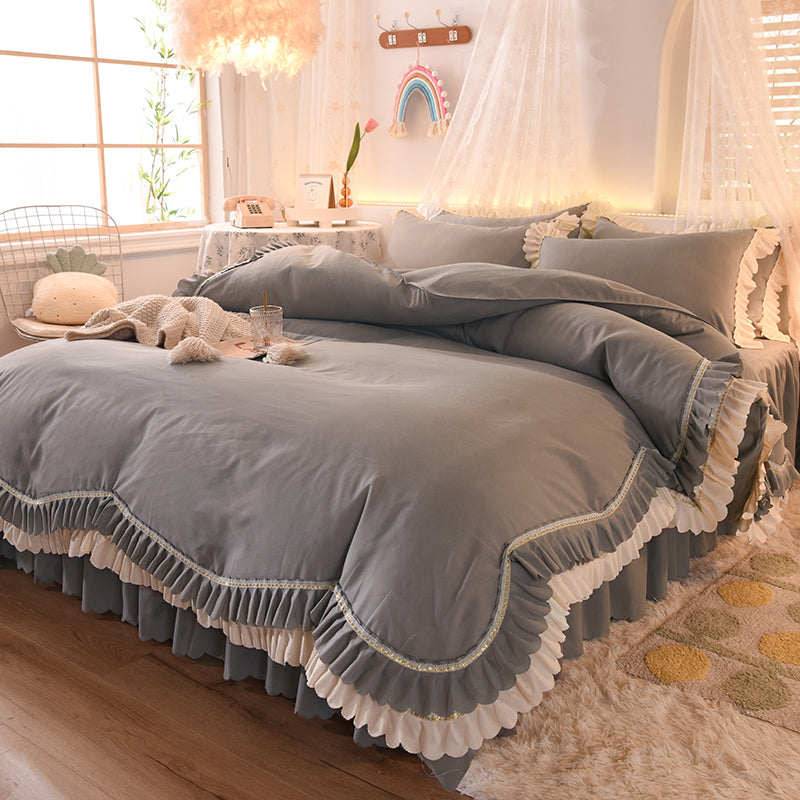 Luxury Four-Piece Lotus Leaf Lace Bed Sheet Duvet Cover Set with Bed Skirt