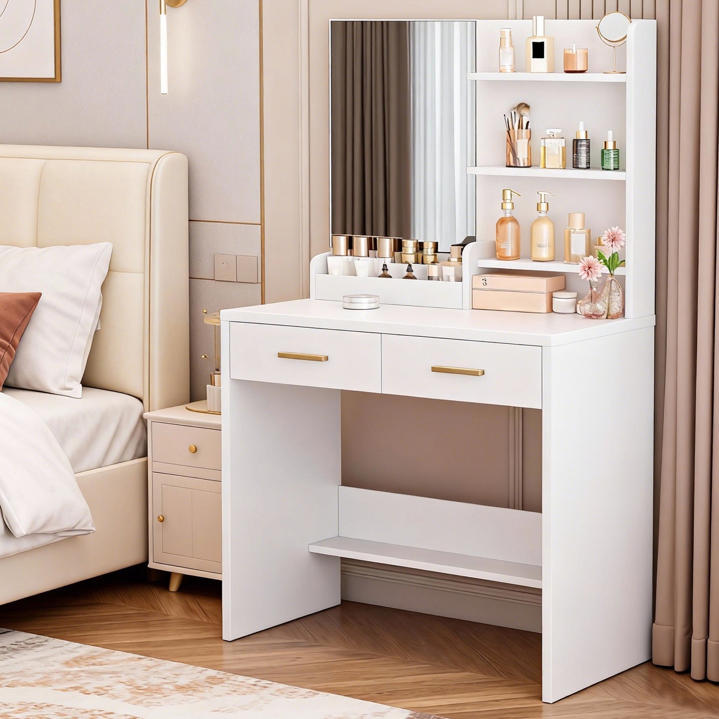 Vanity Table With Mirror 2 Drawers 3 Open Shelves Elegant White