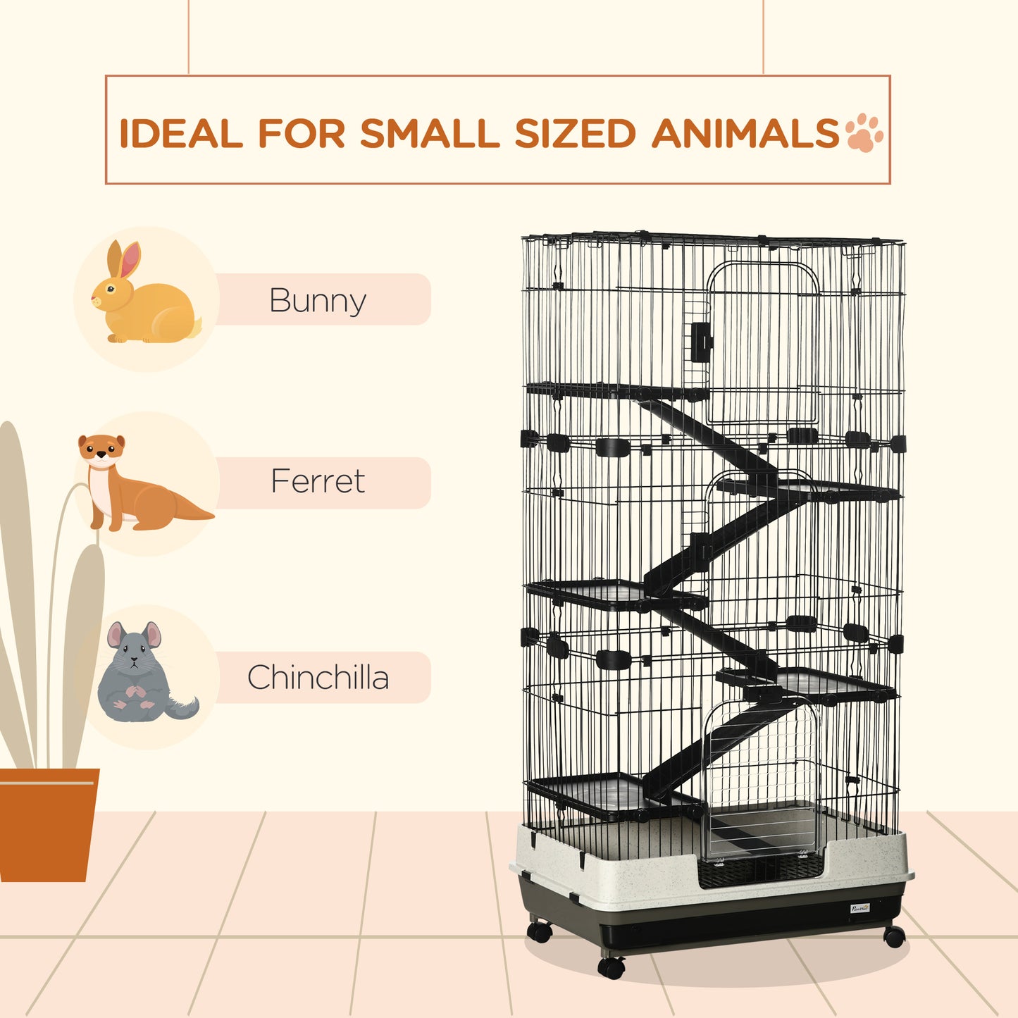 Small Animal Cage 32 Inch 6-Level with Lockable Wheels & Slide-Out Tray for Rabbits, Ferrets, Chinchillas - Black