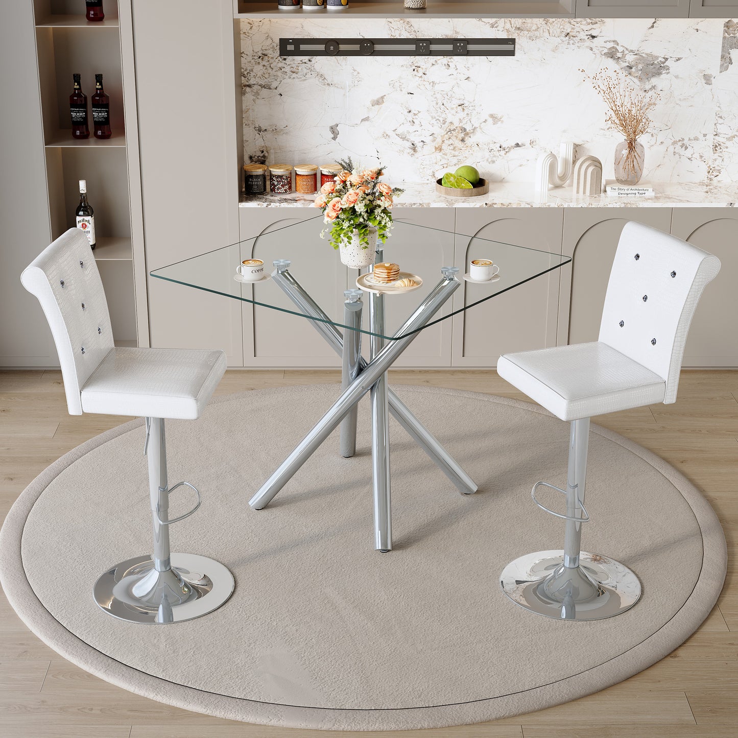Modern Glass Bar Table And Adjustable Stools Set Of 2, Contemporary
