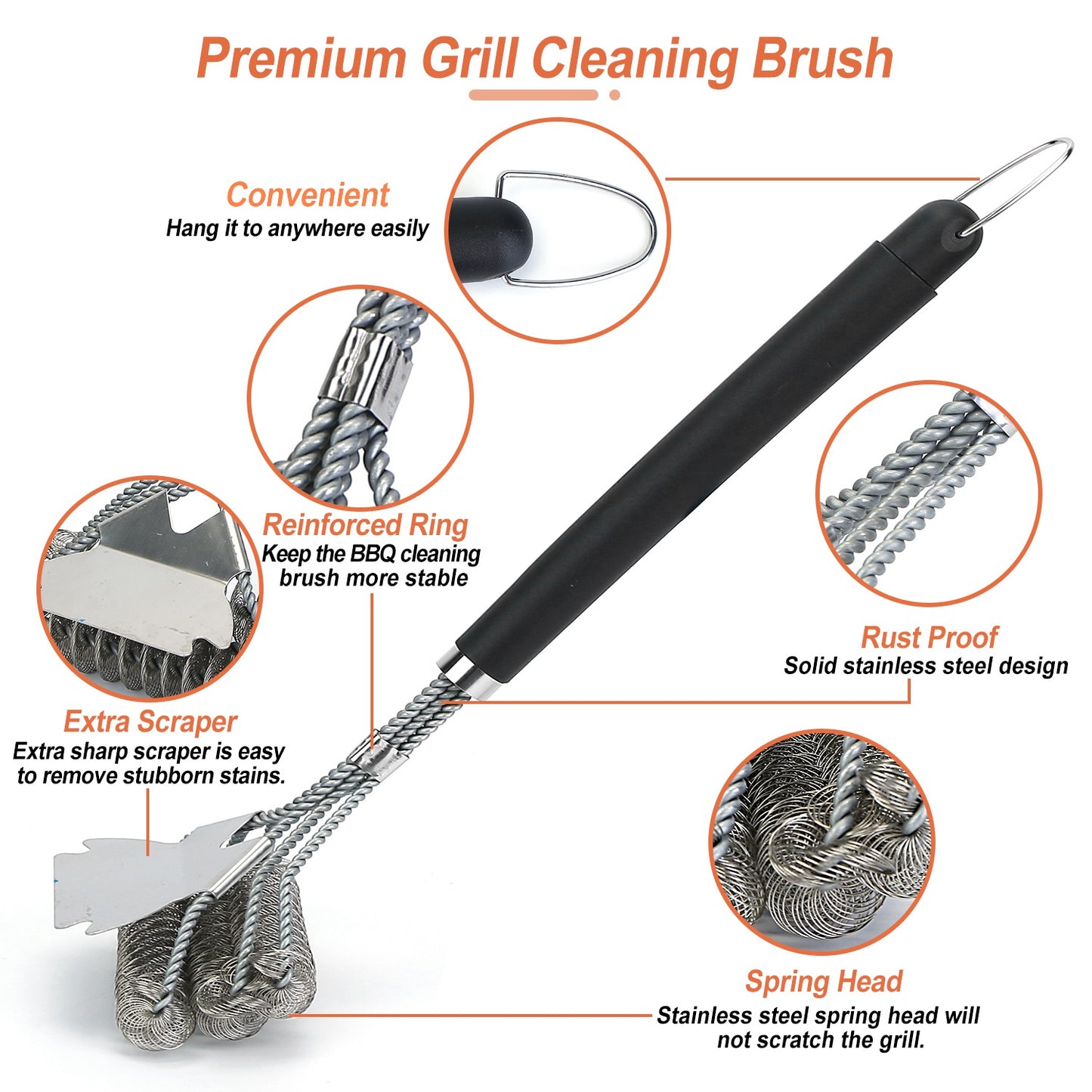 Stainless Steel BBQ Grill Cleaning Brush with Scraper - 16.5in