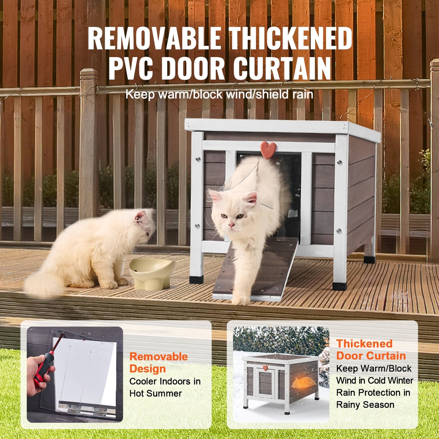 Outdoor Wooden Cat House Shelter with Roof and PVC Door Flaps - Feral Cat Enclosure