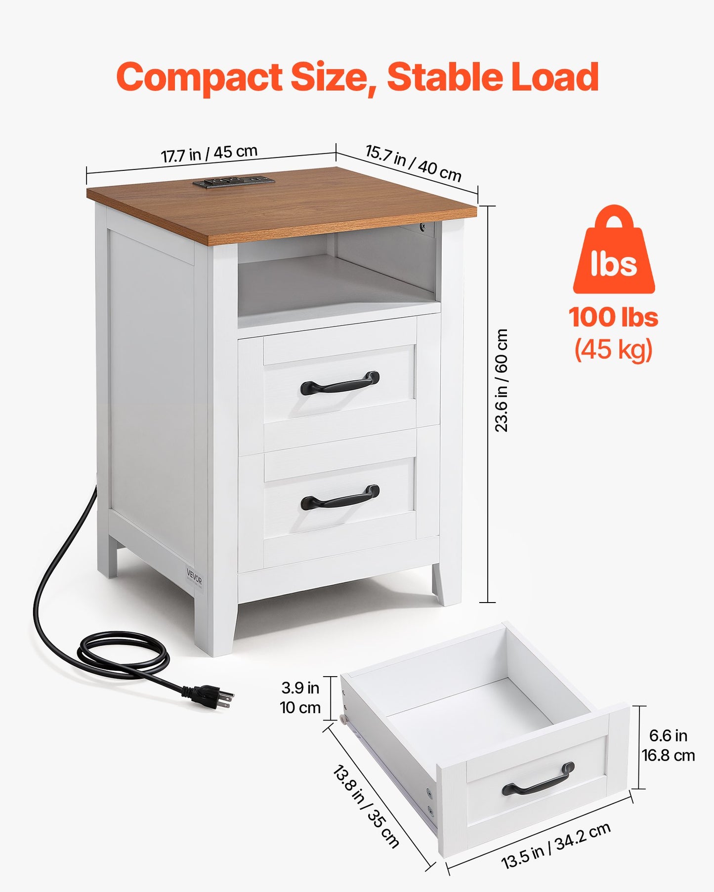 Farmhouse Nightstands Set of 2 with Charging Station White - Rustic End Tables with USB Ports & Storage
