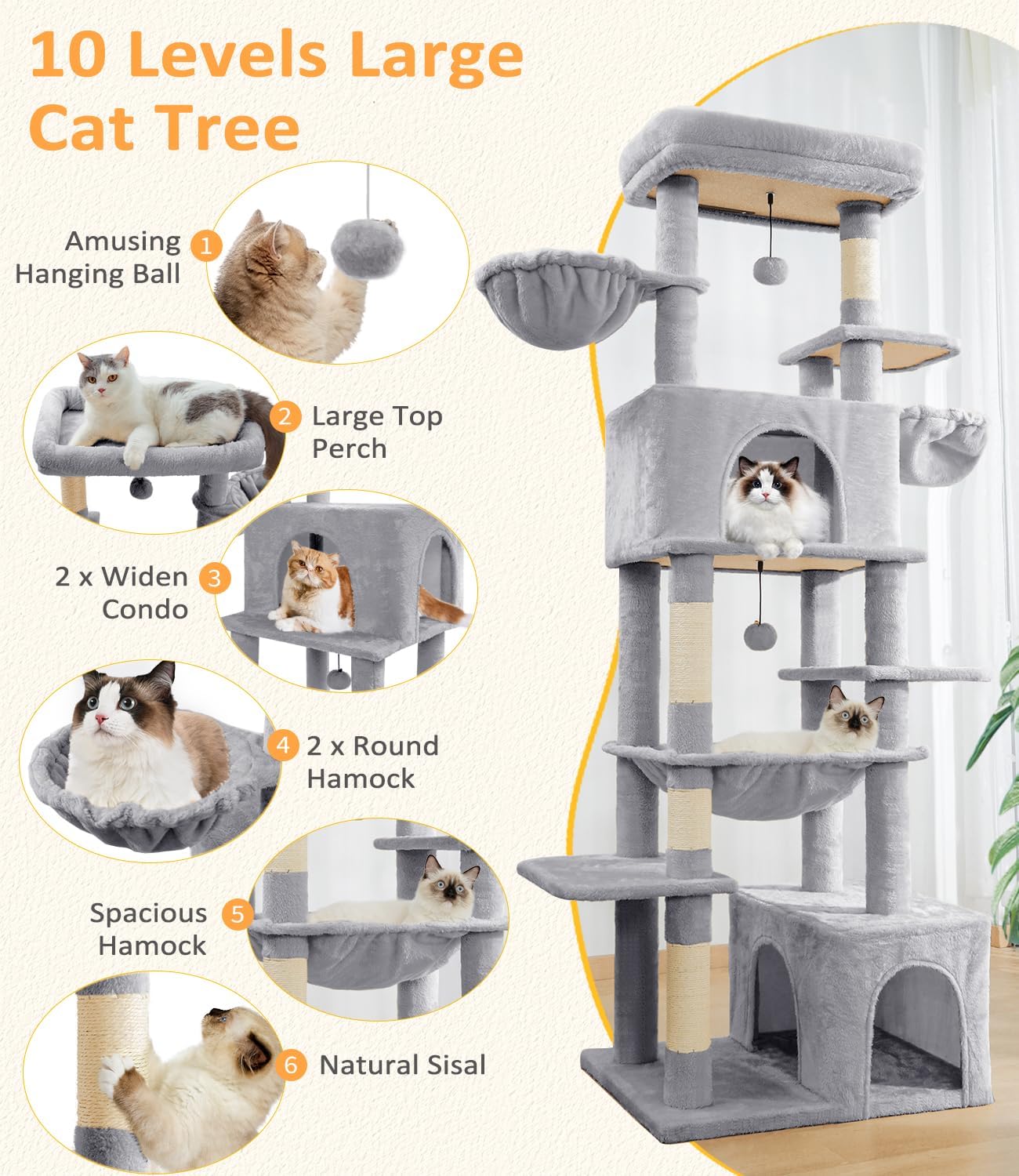 Large Multi-Tier Cat Tree with Sisal Scratching Posts and Widened Perches - Light Gray