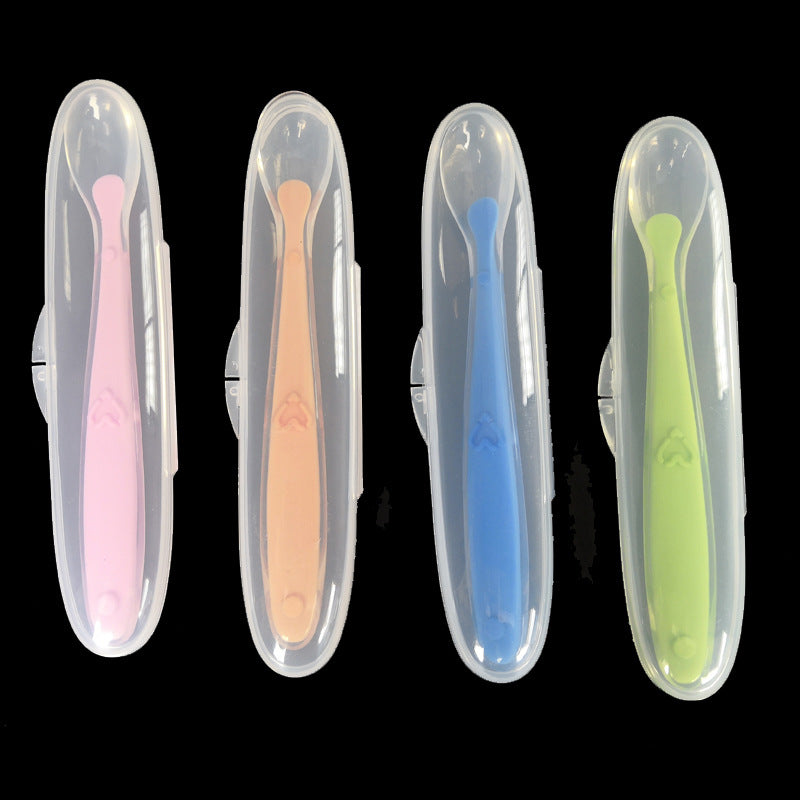 Baby Silicone Training Spoon with Storage Box - Soft Tip, Non-slip Handle