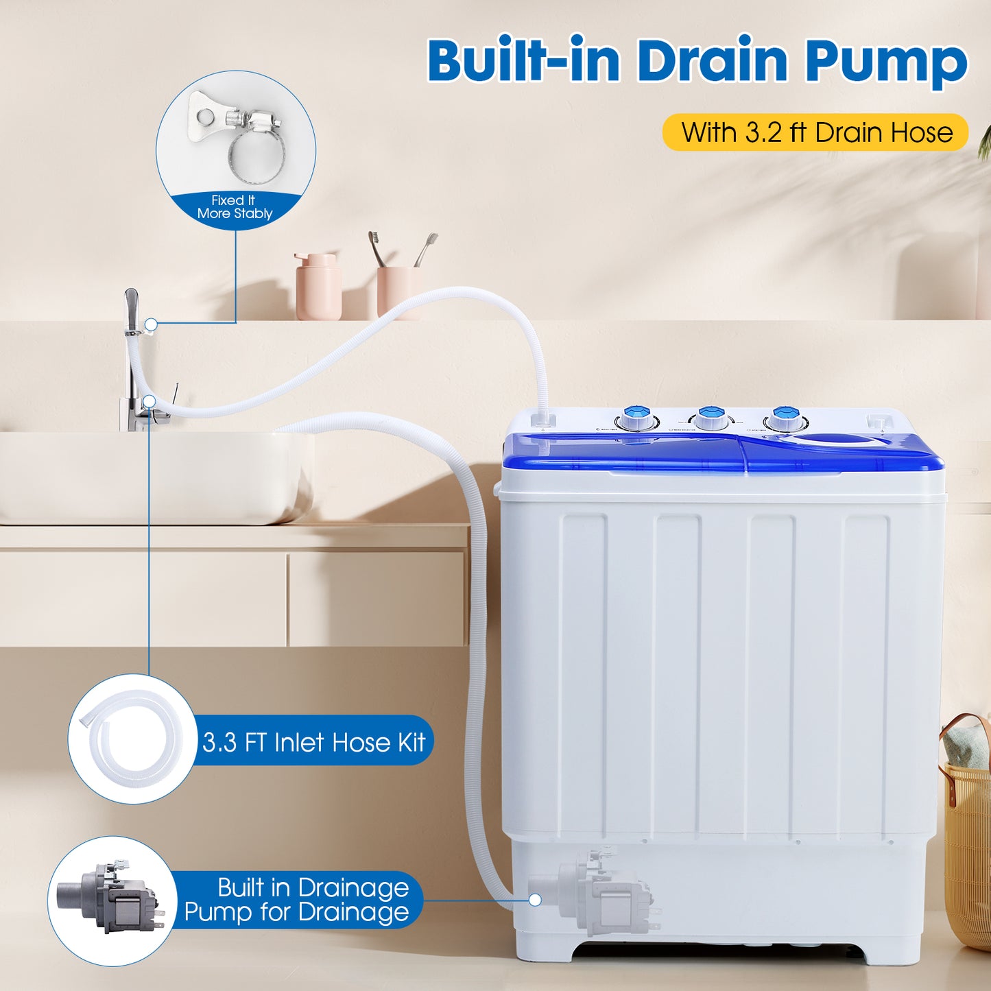 28lbs Portable Washing Machine With 18lbs Wash And 10lbs Spin, Twin