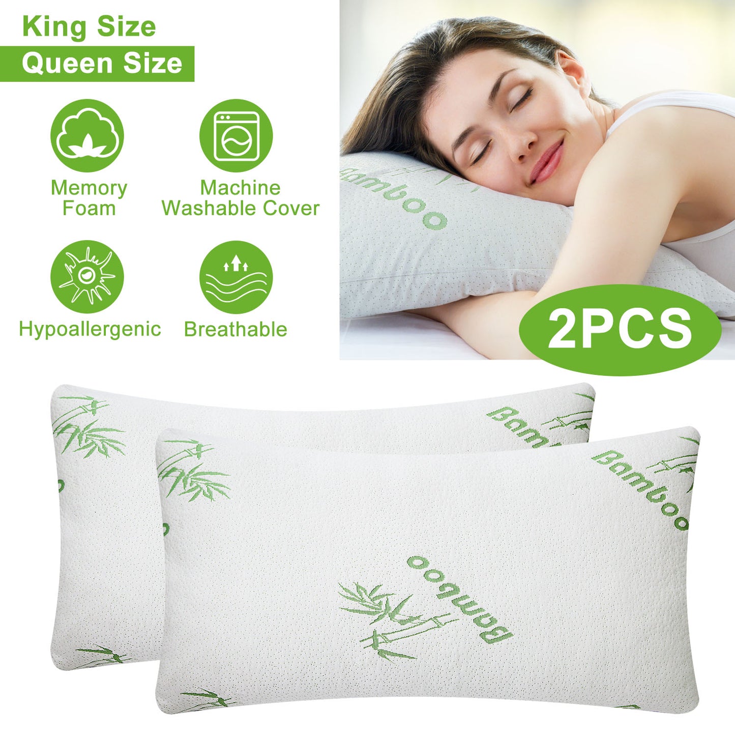 Bamboo Memory Foam Pillow - Hypoallergenic & Washable Cover
