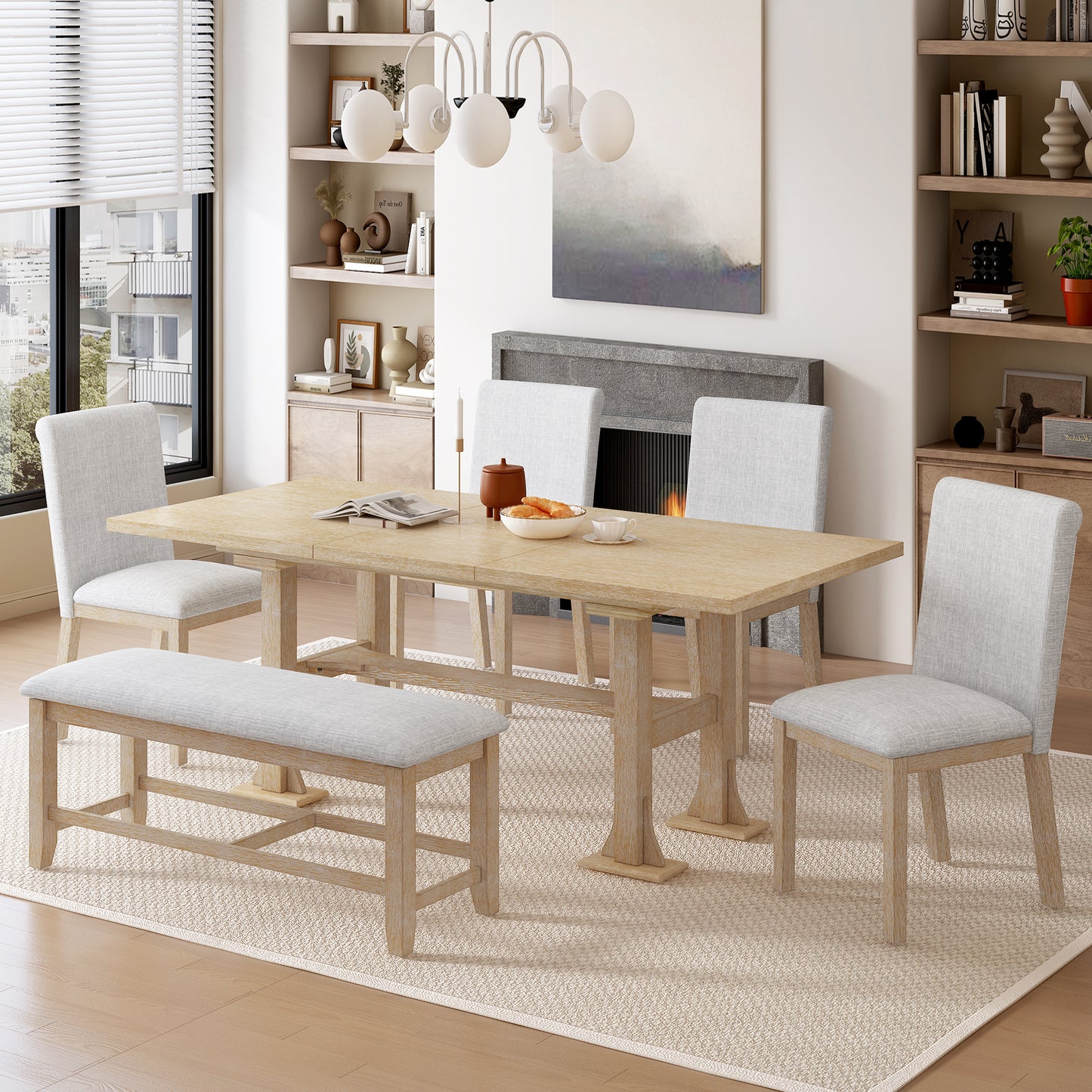 76-Inch 6-Piece Extendable Dining Table Set with Chairs & Bench - Light Gray