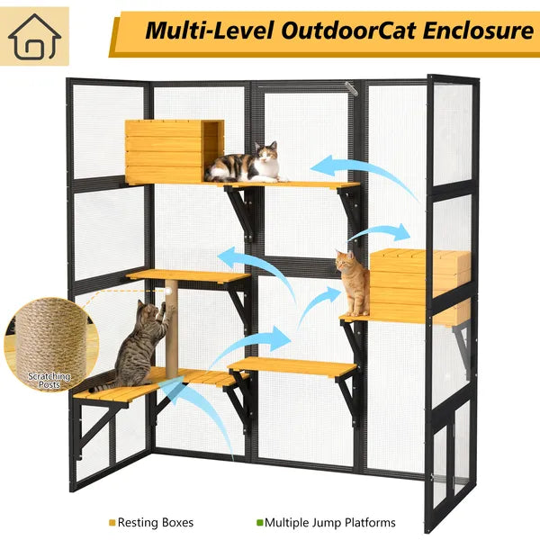 Large Wooden Outdoor Cat Enclosure with Walk-In Design & Weatherproof Roof