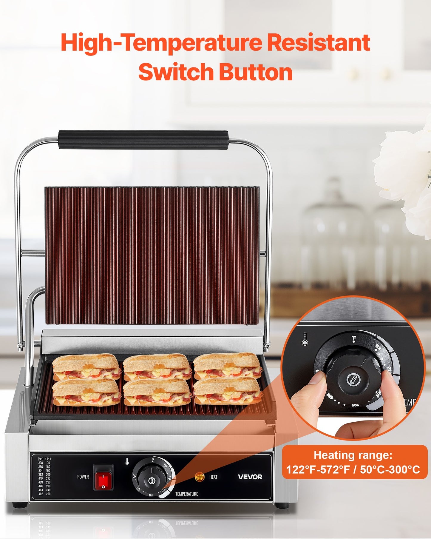 Commercial Electric Panini Press Grill - 13.5x9.3 in Sandwich Maker, Stainless Steel