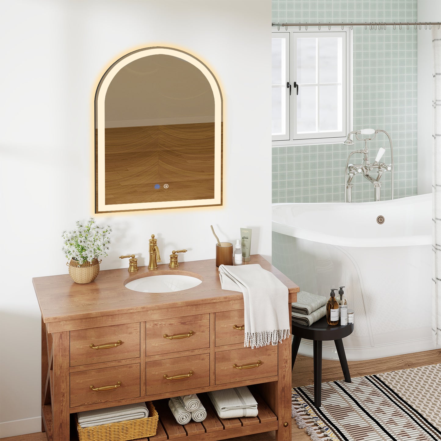 Smart Anti-Fog LED Bathroom Mirror - Arch Shape, Dual Light, 3 Color Temperatures, Memory Dimming