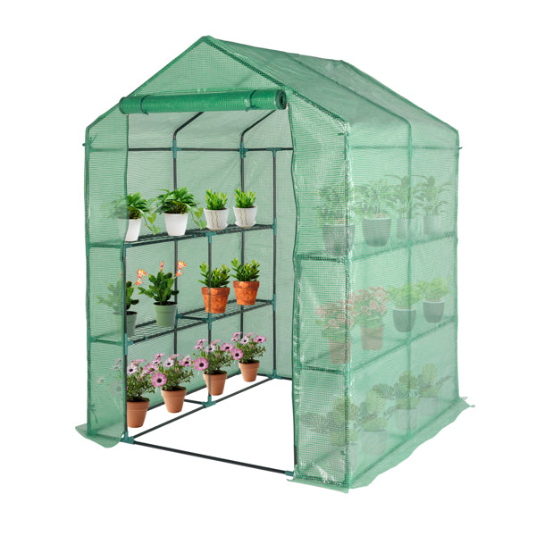 Garden Greenhouse with 8 Shelves, Green PE Cover & Black Iron Frame, 143x143x195cm