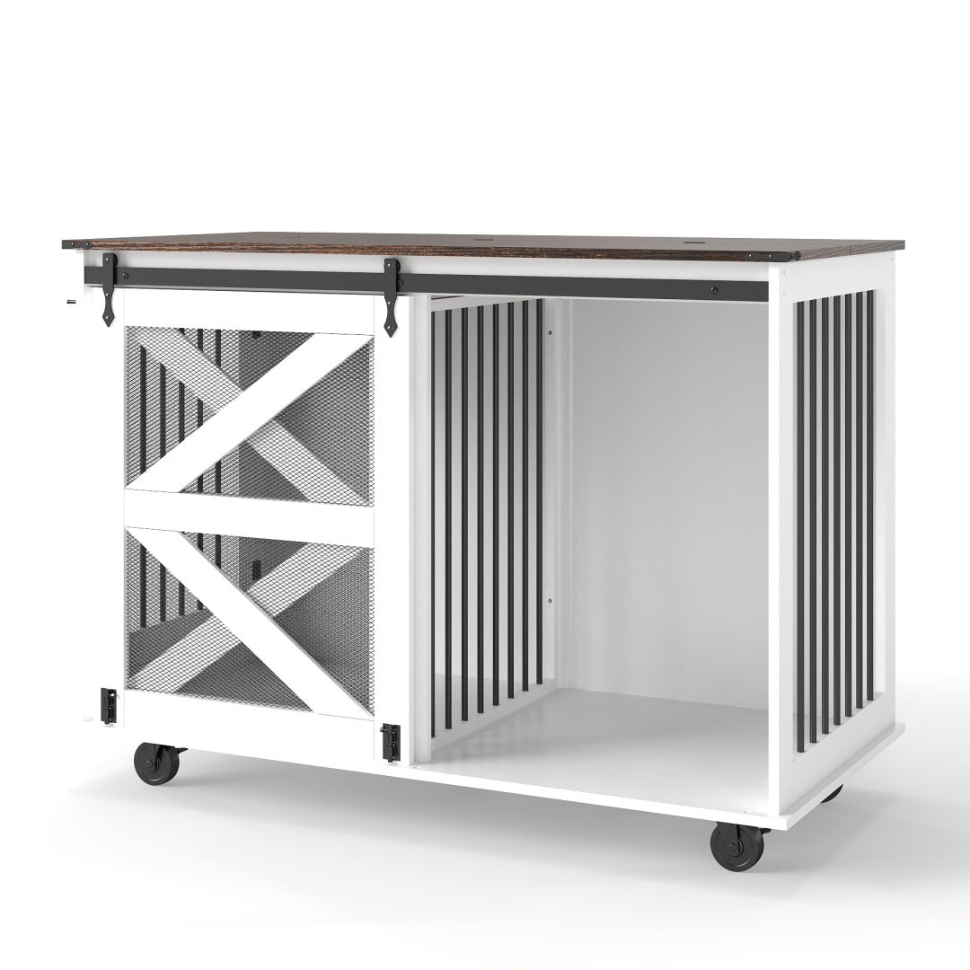 47.2-Inch Mobile Dog Crate with Flip-Top Feeding Door, Dual-Access & Casters