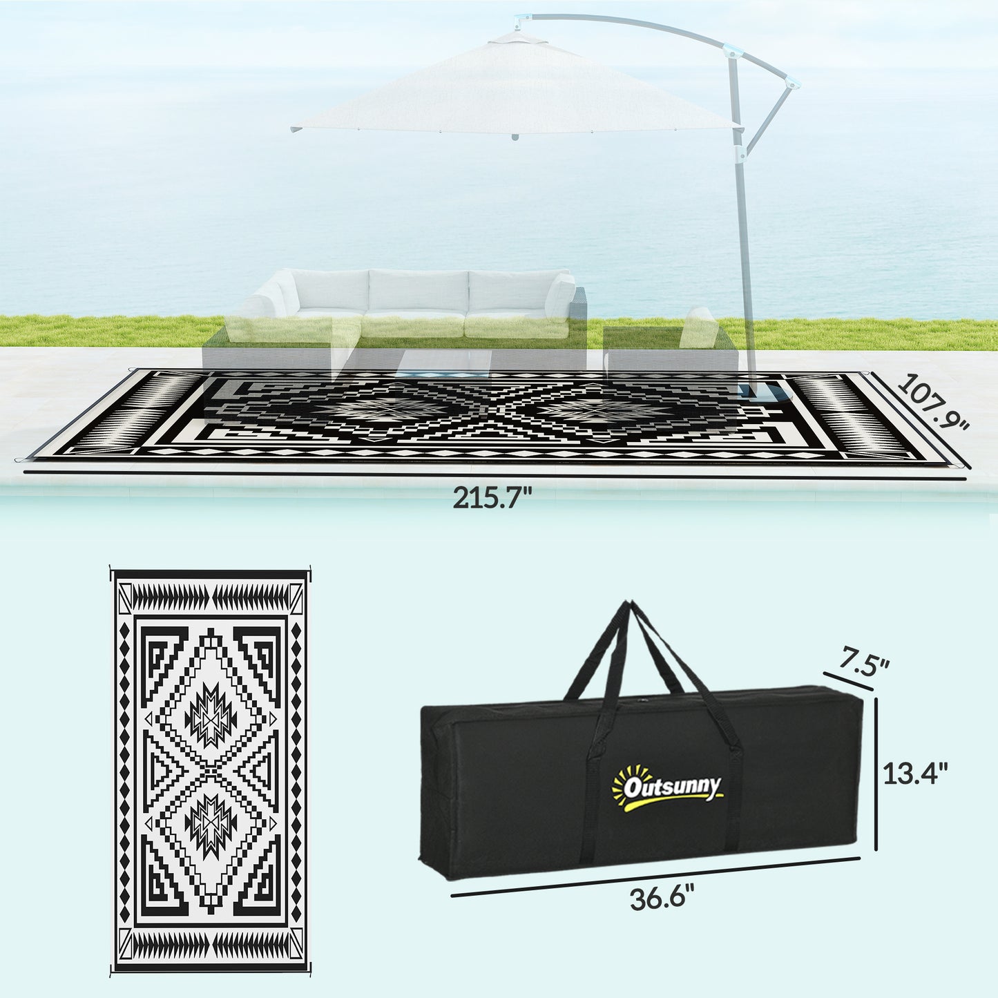 Reversible Outdoor Rug - Waterproof Plastic Straw, 9' x 18', Black & White Patchwork