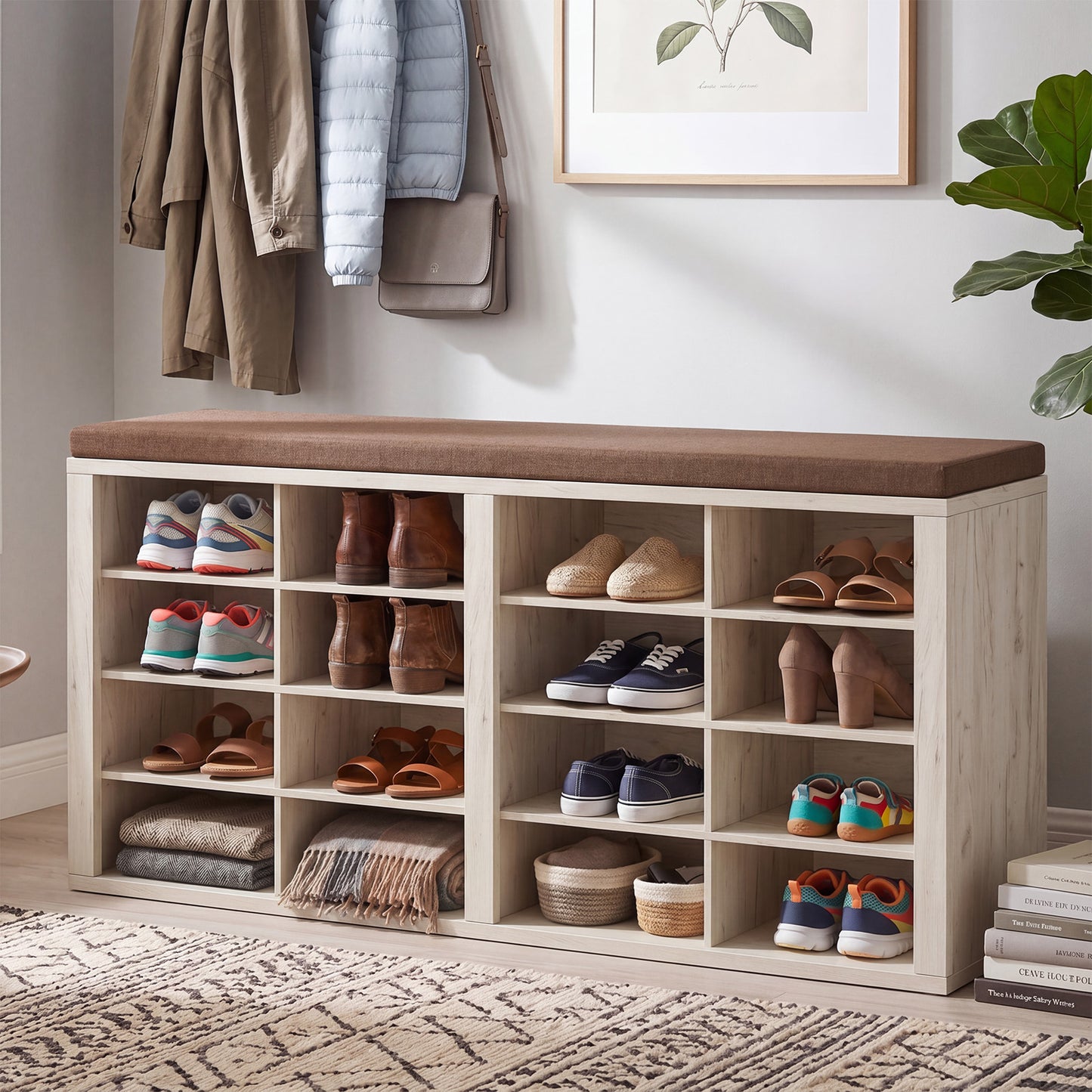 Shoe Storage Bench With Cushion 16 Cubby Rack Multifunctional