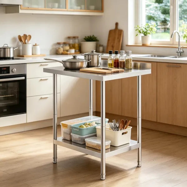 Sleek Metal Work Table With Easy To Clean And Adjustable Shelves For