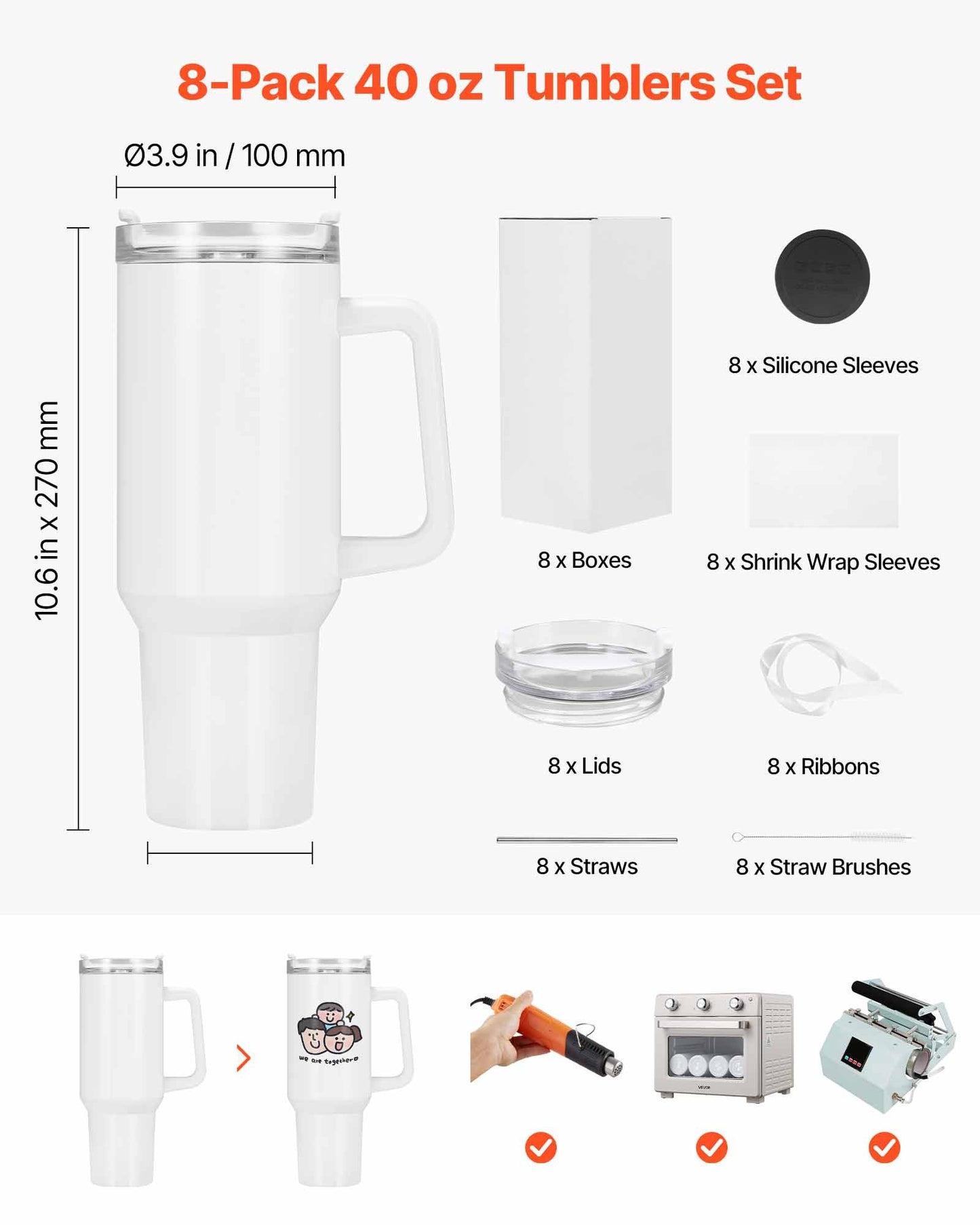 8 Pack 40oz Stainless Steel Sublimation Tumblers with Handles & Lids for DIY Customization