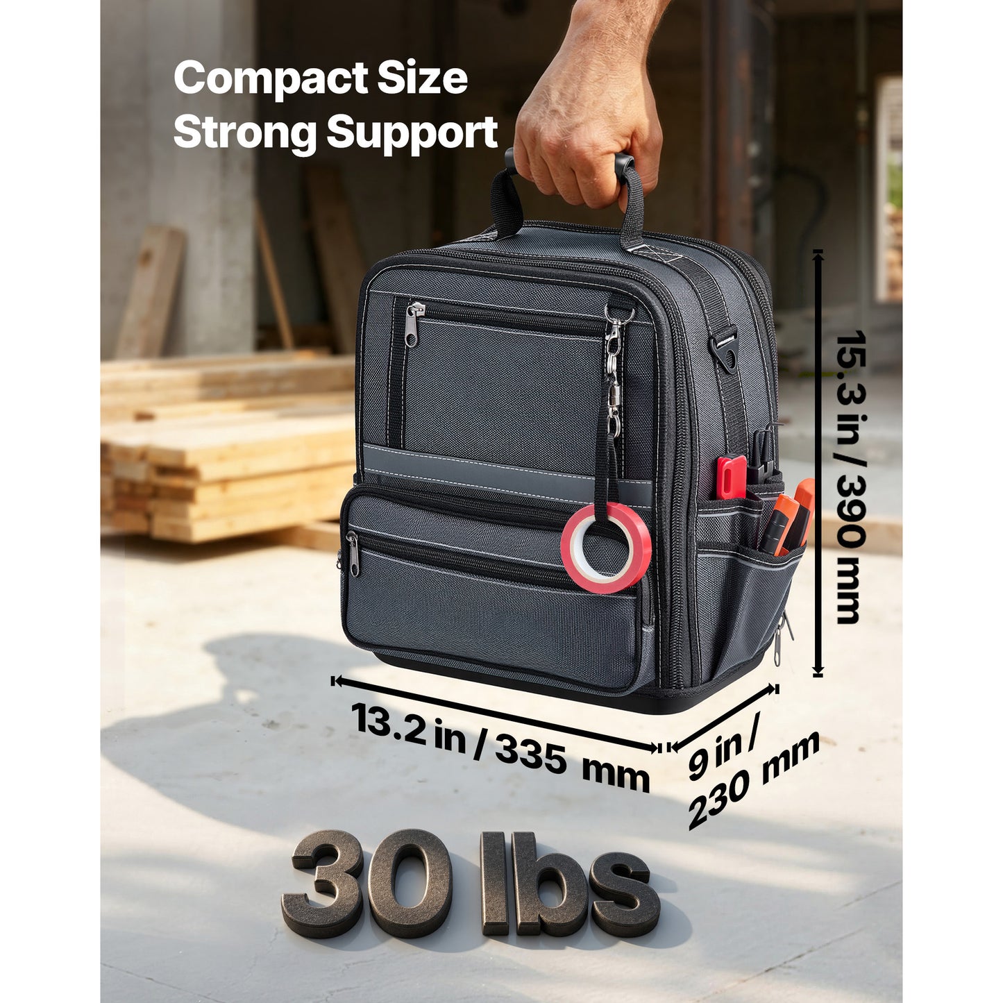 Large 13.2 Inch Tool Bag with 34 Pockets, Hard Plastic Base, Zipper & Adjustable Shoulder Strap